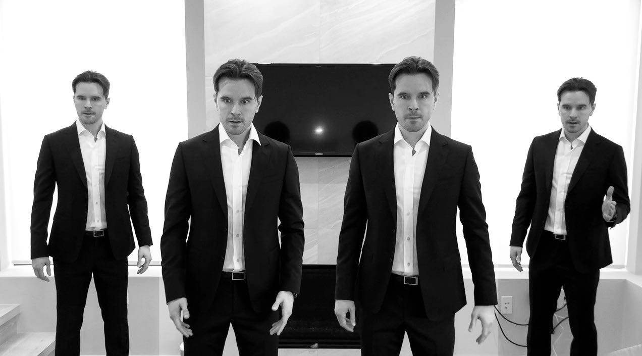 Graham Wardle, black suits, minimalist white room, SD Desktop Wallpaper