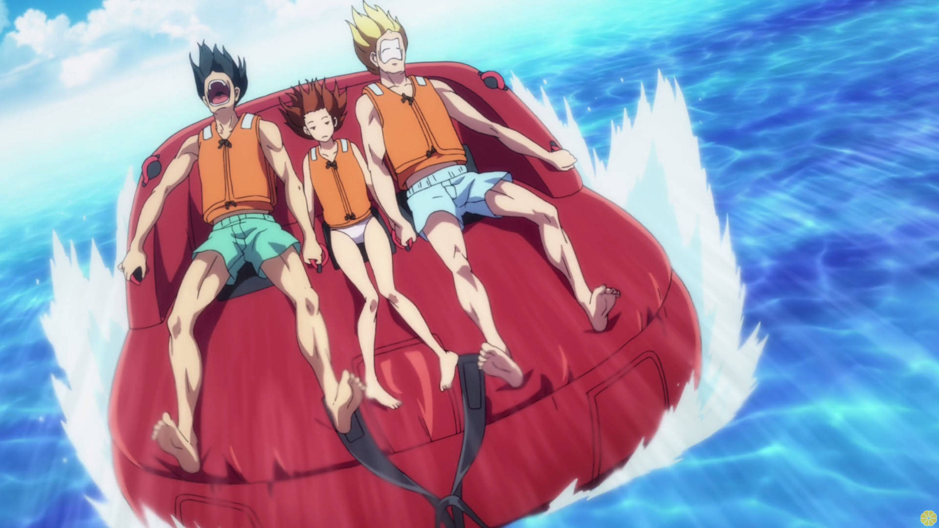 Grand Blue, orange life vests, red inflatable tube, Full HD Desktop Wallpaper