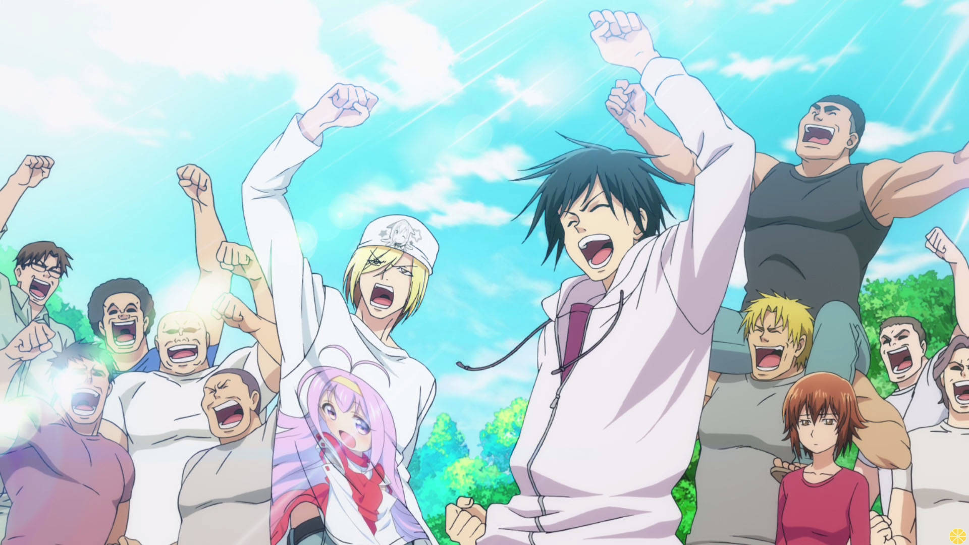 Grand Blue, celebrating scene, bright blue sky, Full HD Desktop Wallpaper