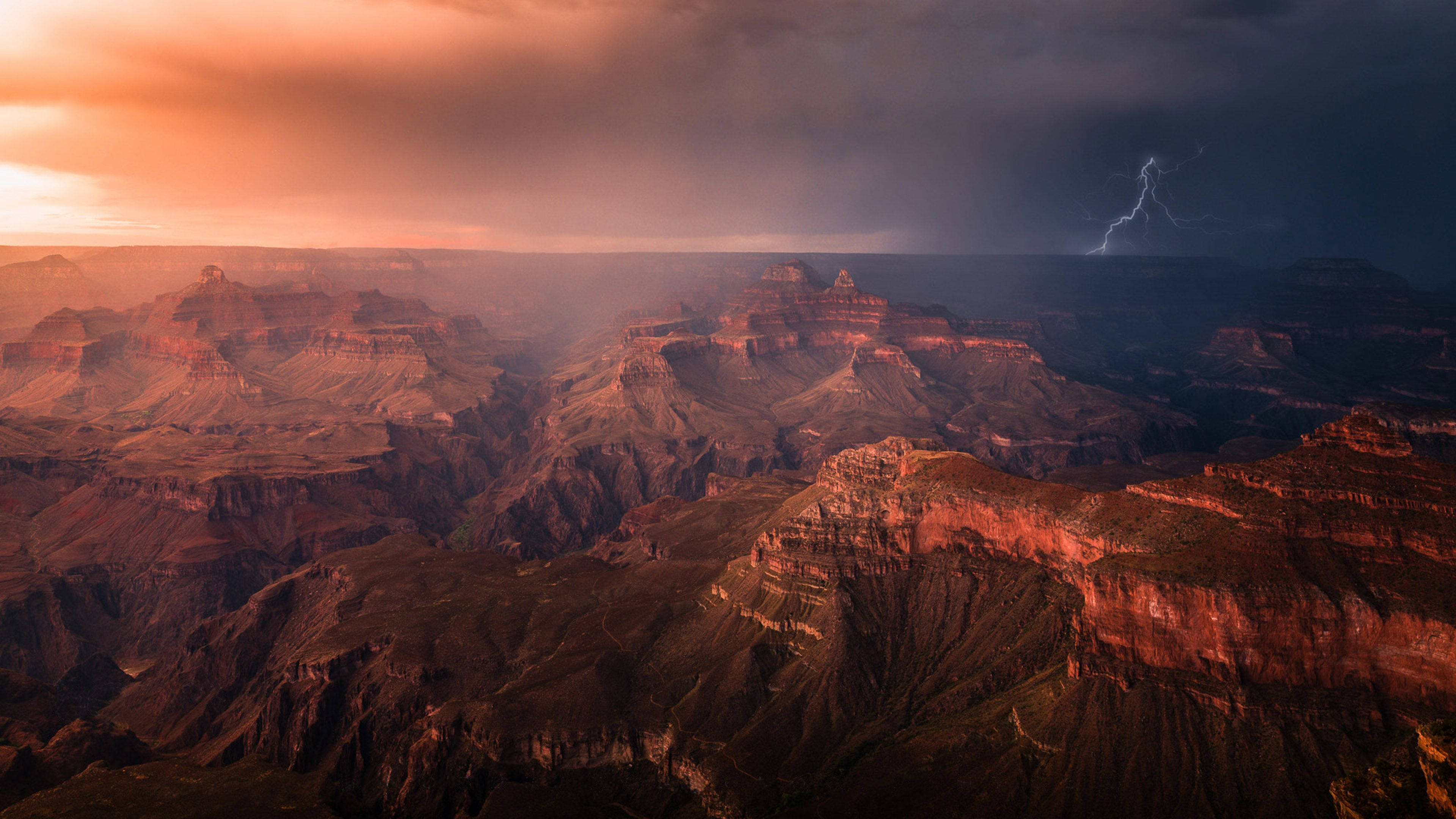 Grand Canyon, sunset, lightning, 4K Desktop Wallpaper
