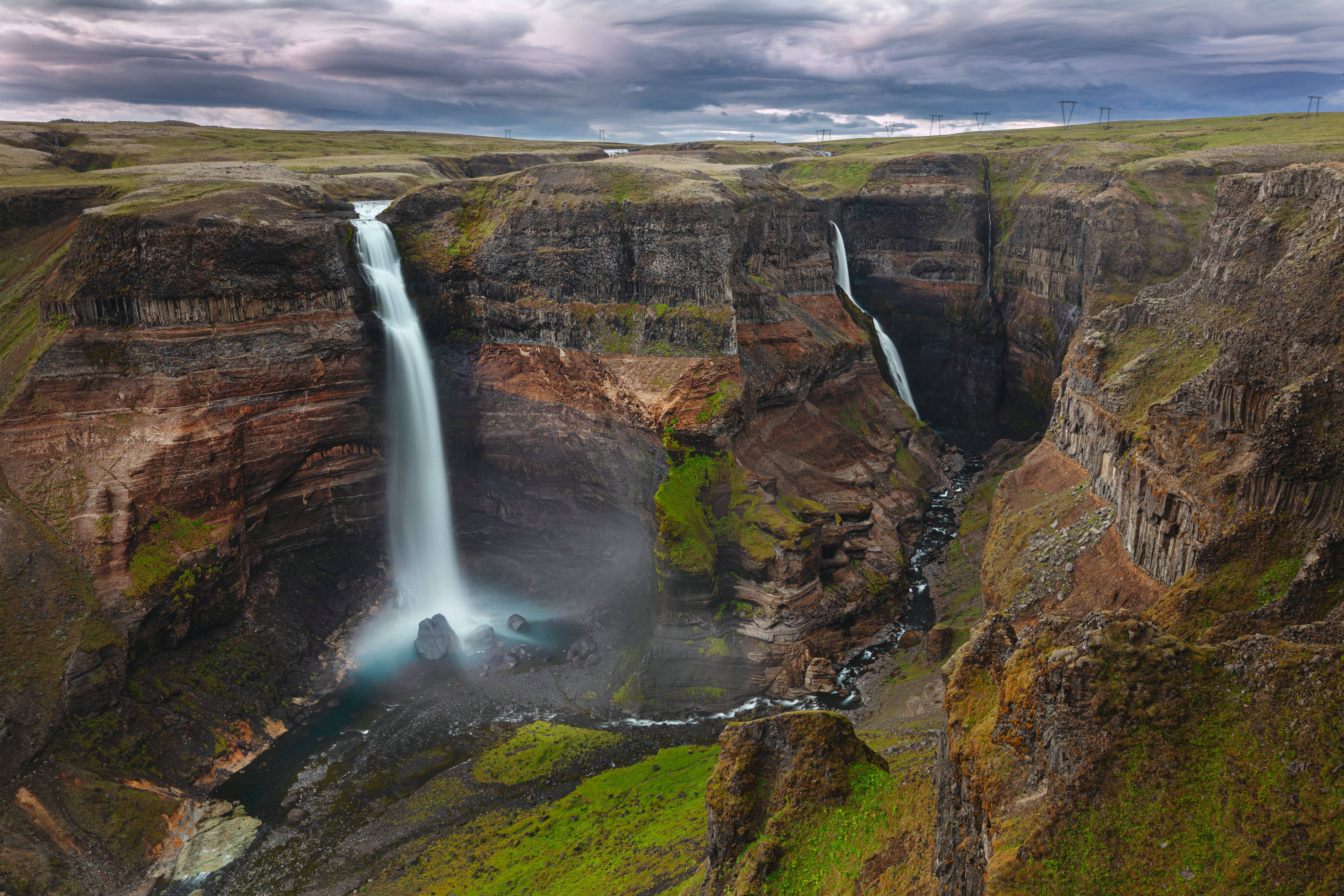 canyon waterfall, misty pool, cloudy sky, 5K Desktop Wallpaper