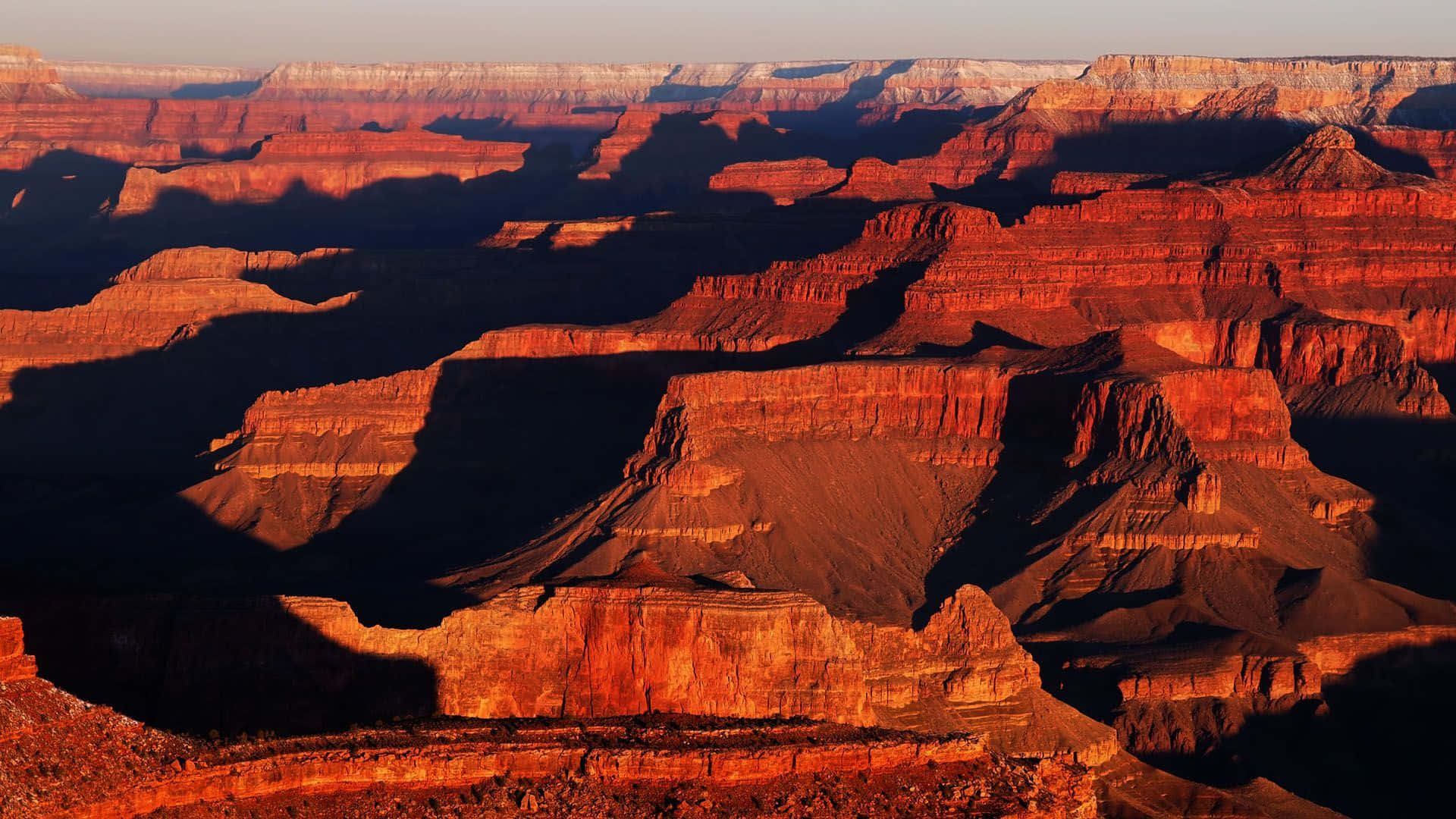 Grand Canyon, golden sunset light, layered red rock formations, Full HD Desktop Wallpaper