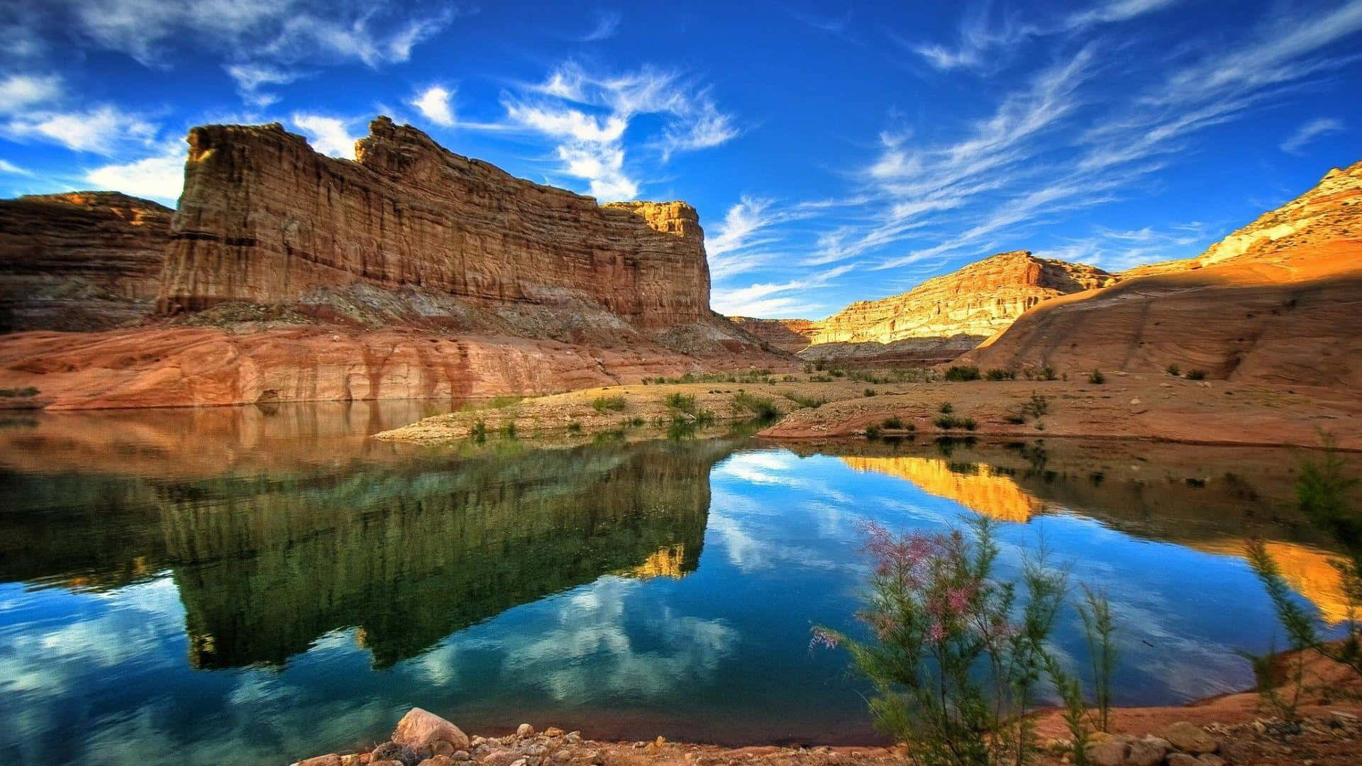 majestic canyon reflections, red rock formations, calm turquoise lake, Full HD Desktop Wallpaper
