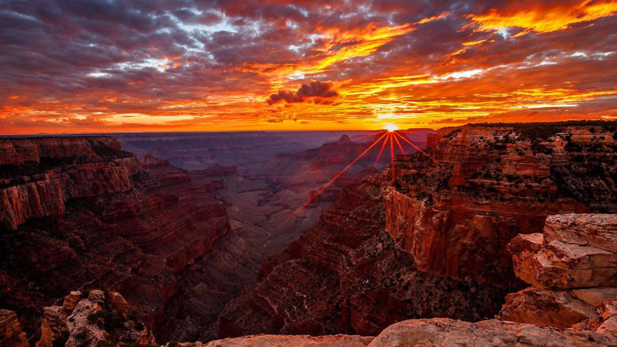 Grand Canyon, sunset, fiery orange clouds, Full HD Desktop Wallpaper