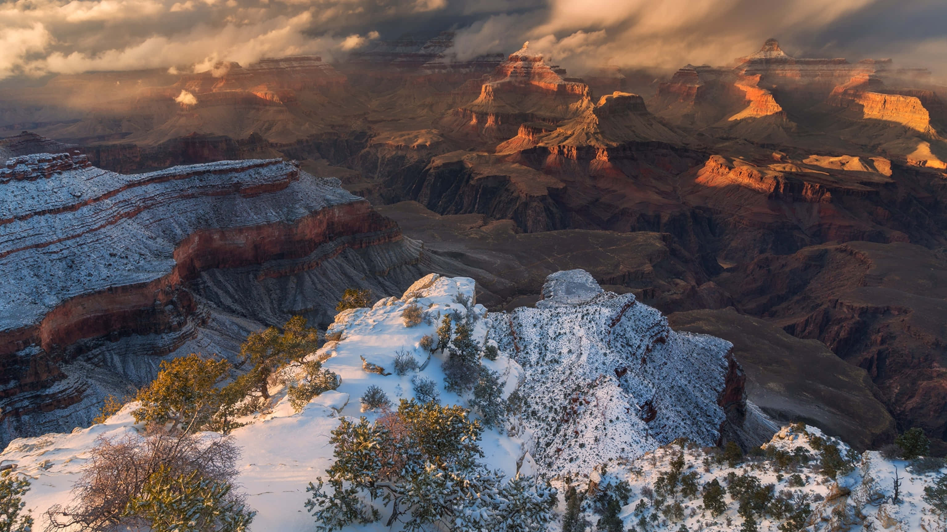 Grand Canyon, snow, golden sunrise, 2K Desktop Wallpaper