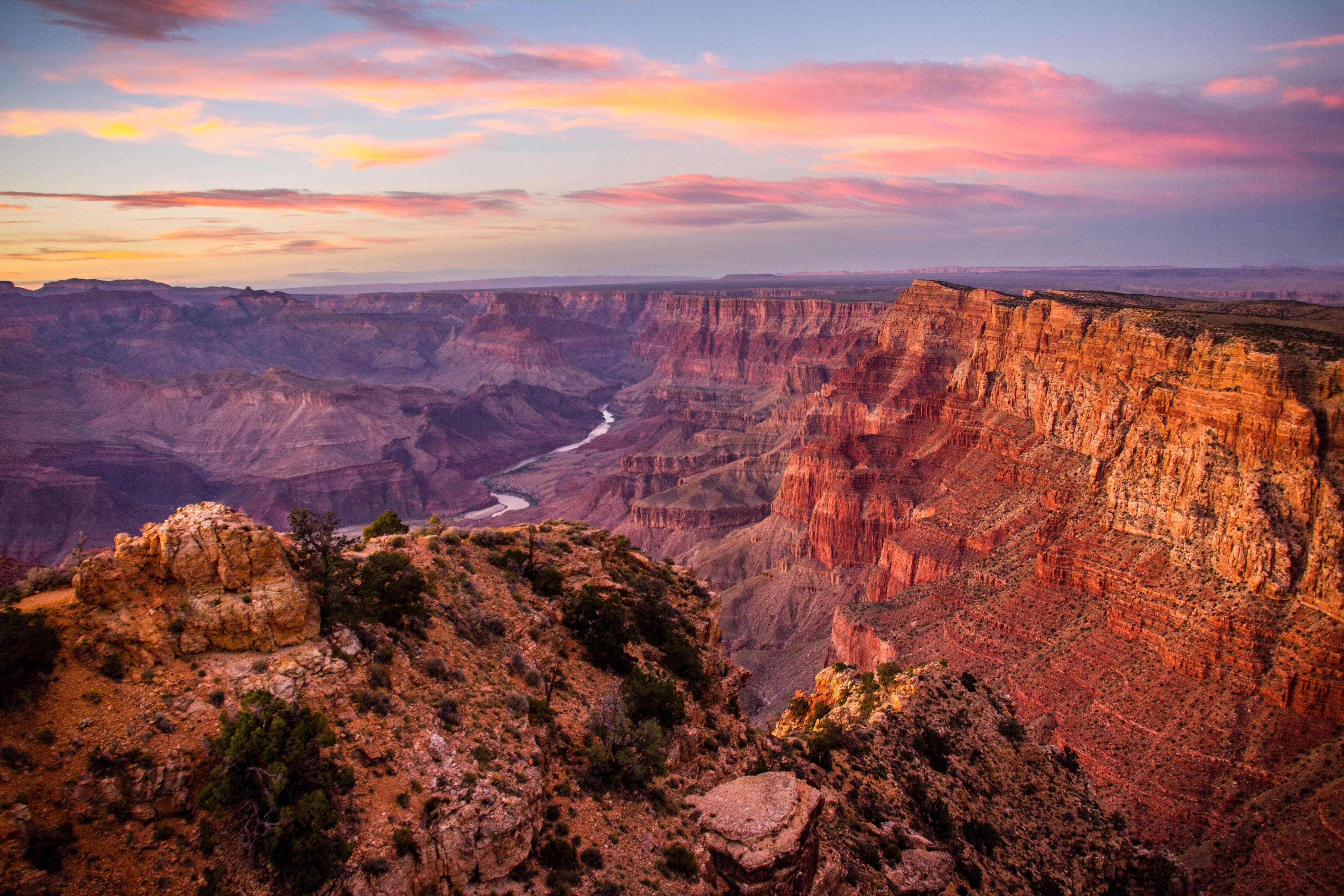 Grand Canyon, sunset, winding river, 4K Desktop Wallpaper