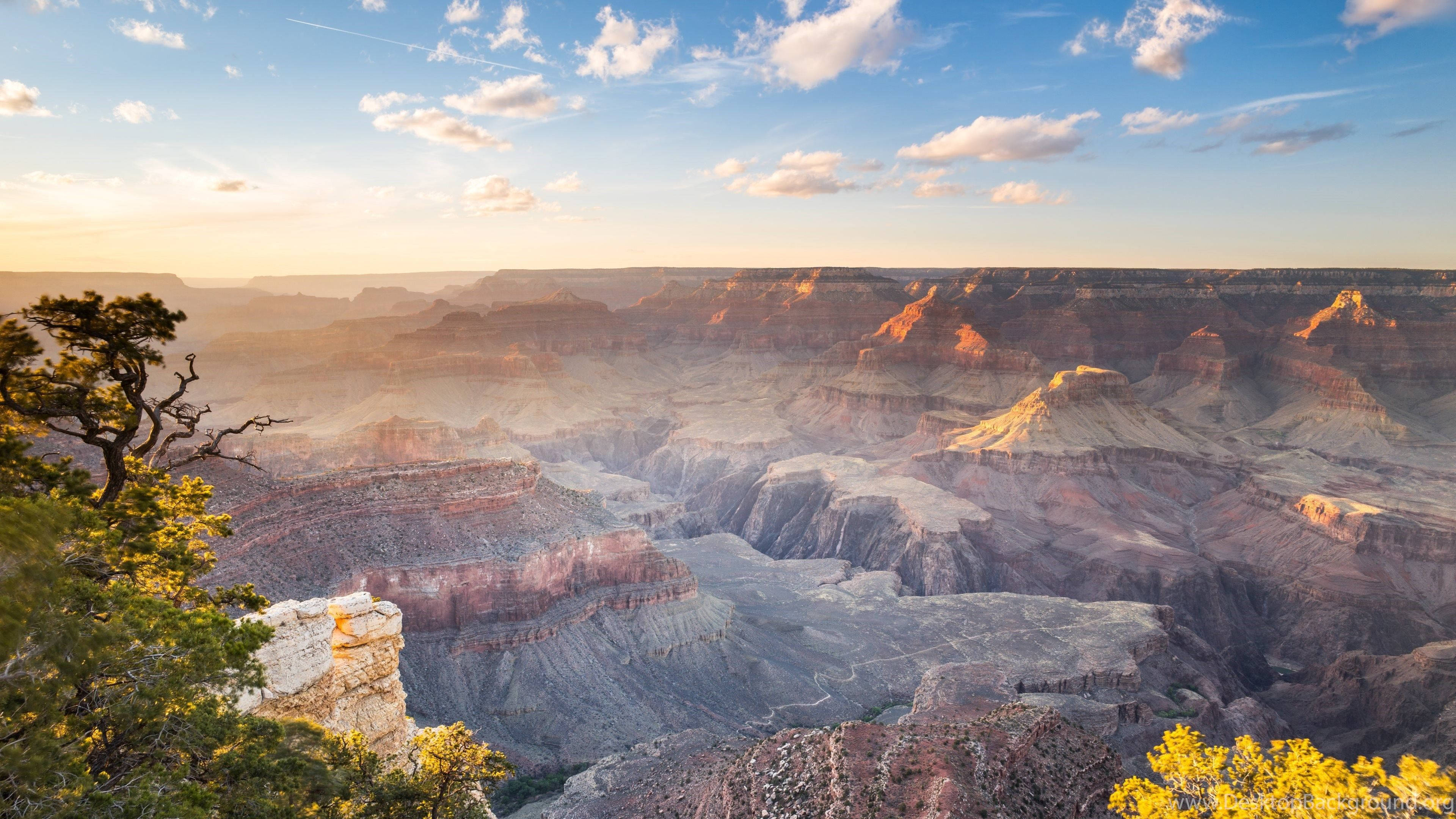 Grand Canyon, golden sunrise light, layered red rock formations, 4K Desktop Wallpaper