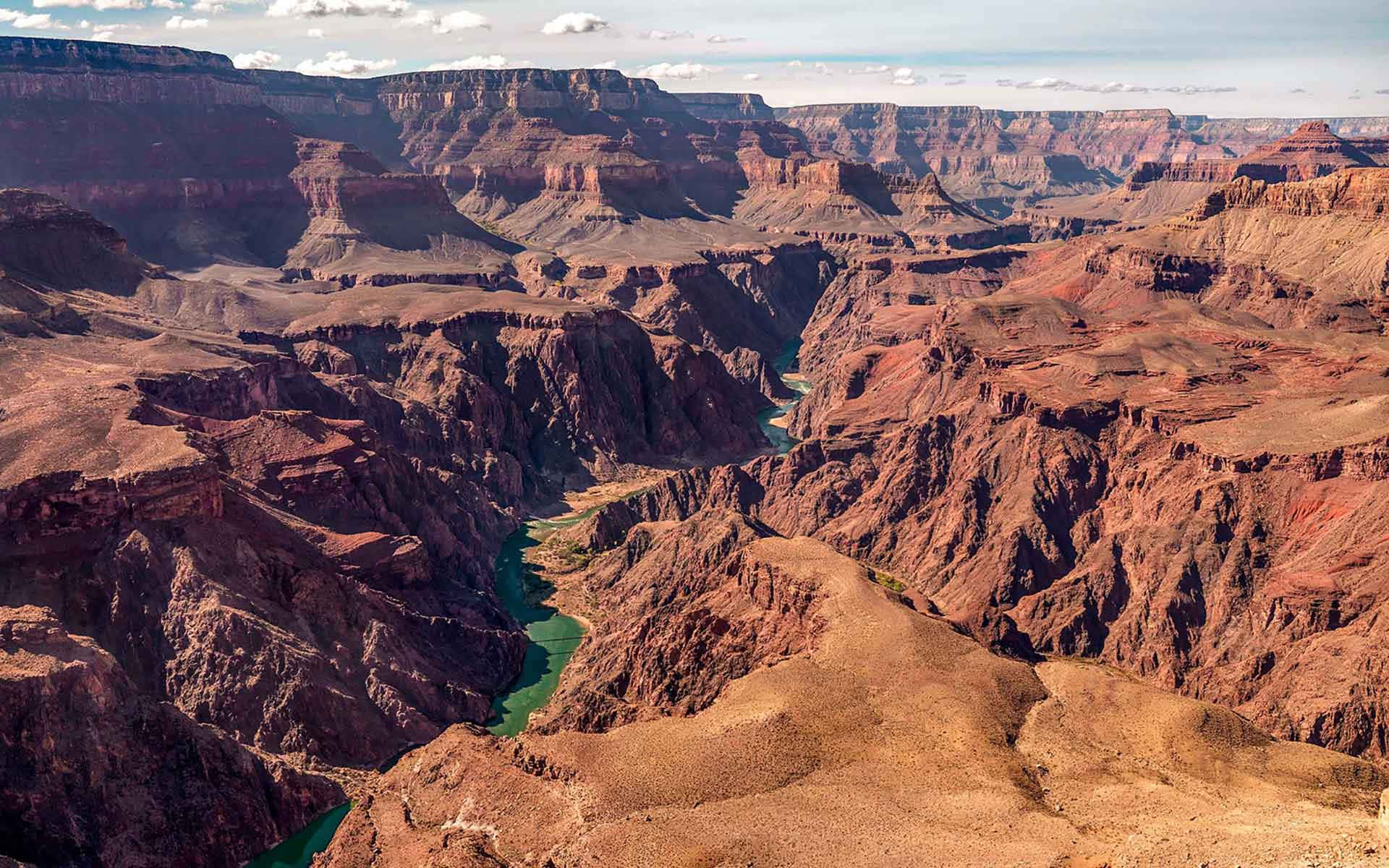 Grand Canyon, deep red rock formations, winding turquoise river, Full HD Desktop Wallpaper