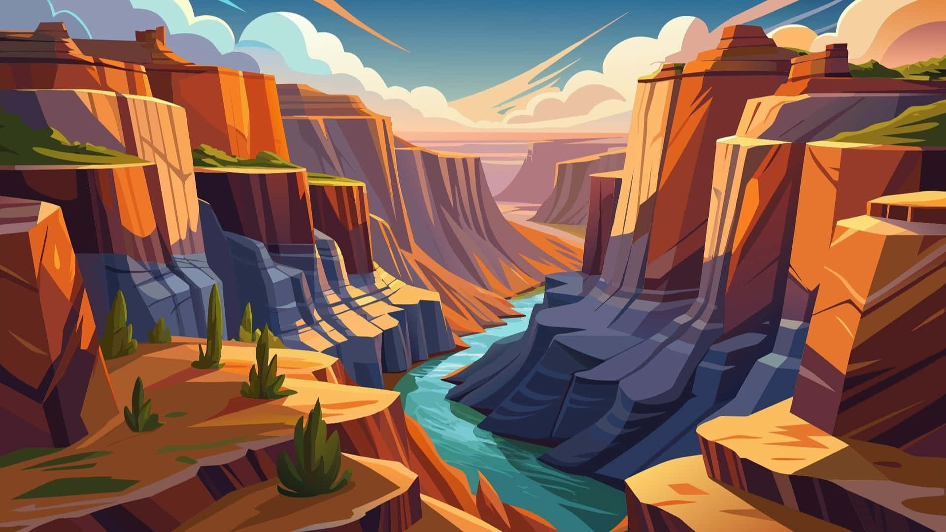 cartoon mountain canyon, orange cliffs, blue shadows, Full HD Desktop Wallpaper