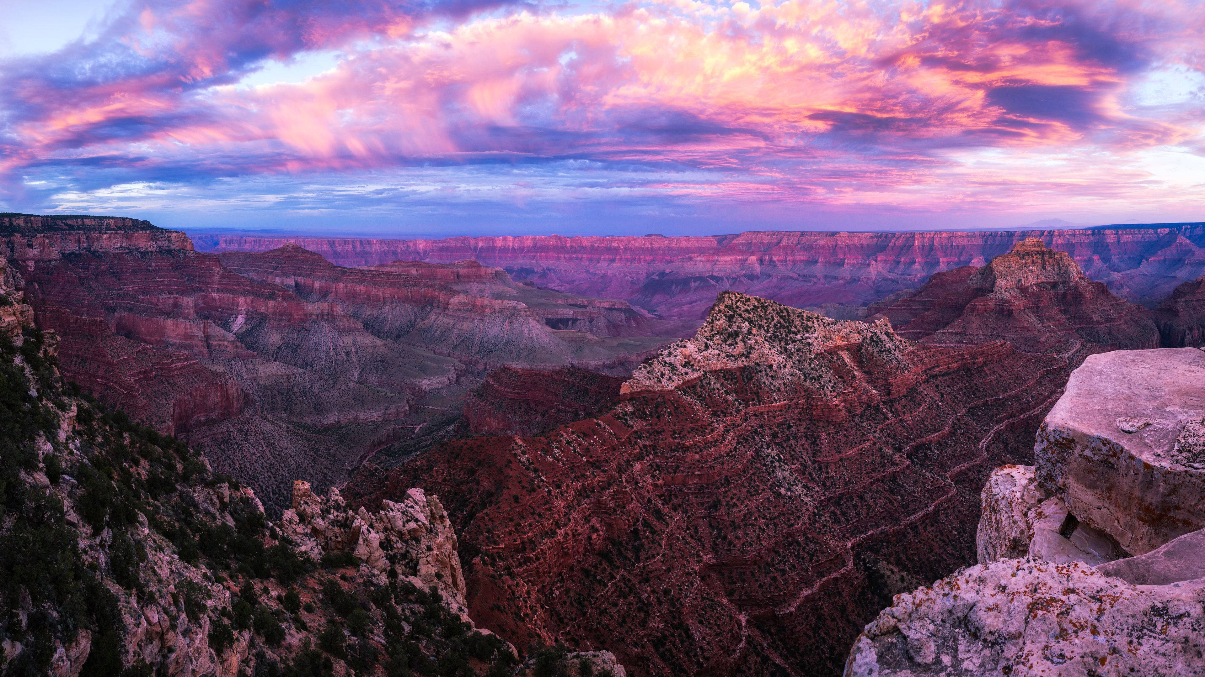 Grand Canyon, sunset, pink clouds, 4K Desktop Wallpaper