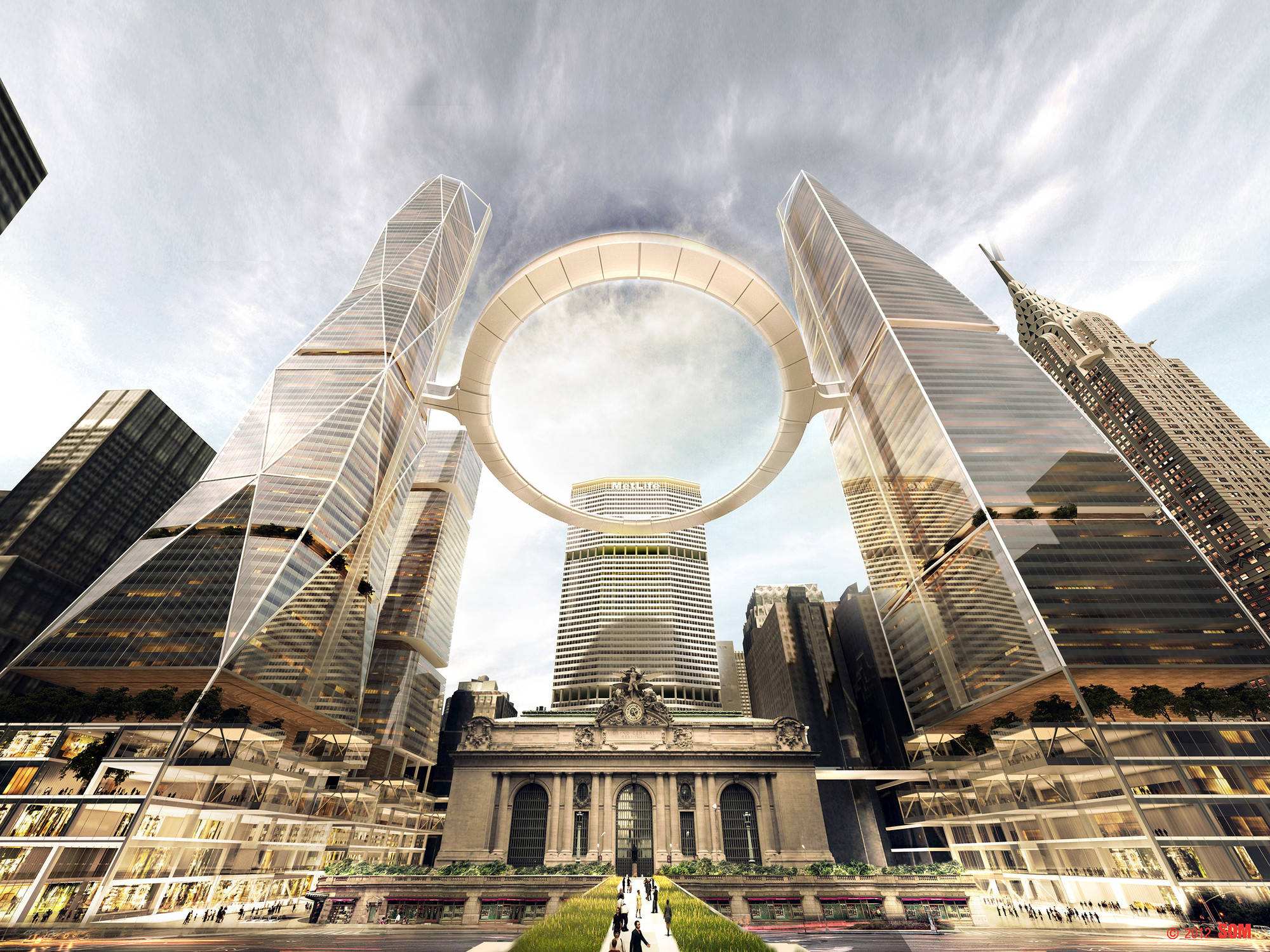 Grand Central Station, glass skyscrapers, massive circular ring, Full HD Desktop Wallpaper