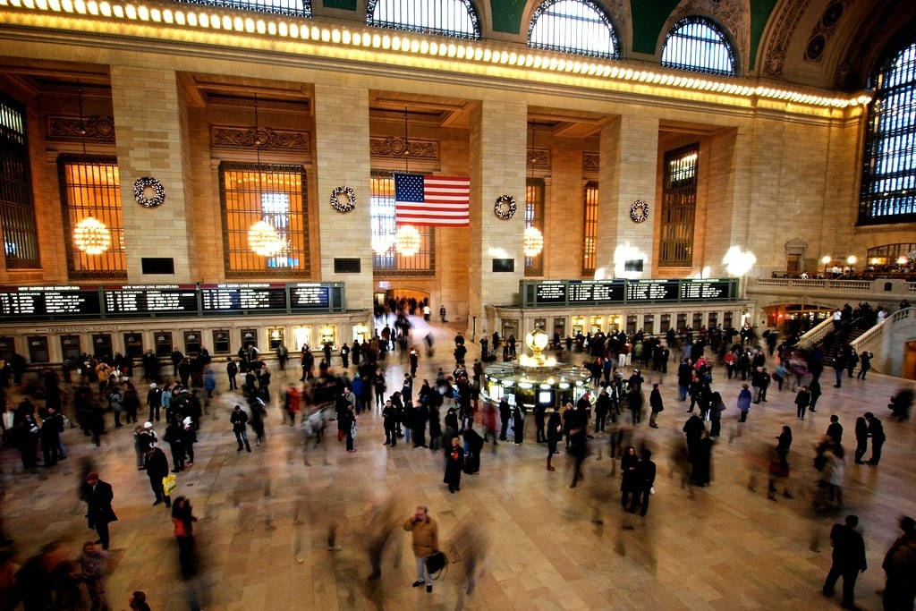 Grand Central Station, high arched windows, large American flag, SD Desktop Wallpaper