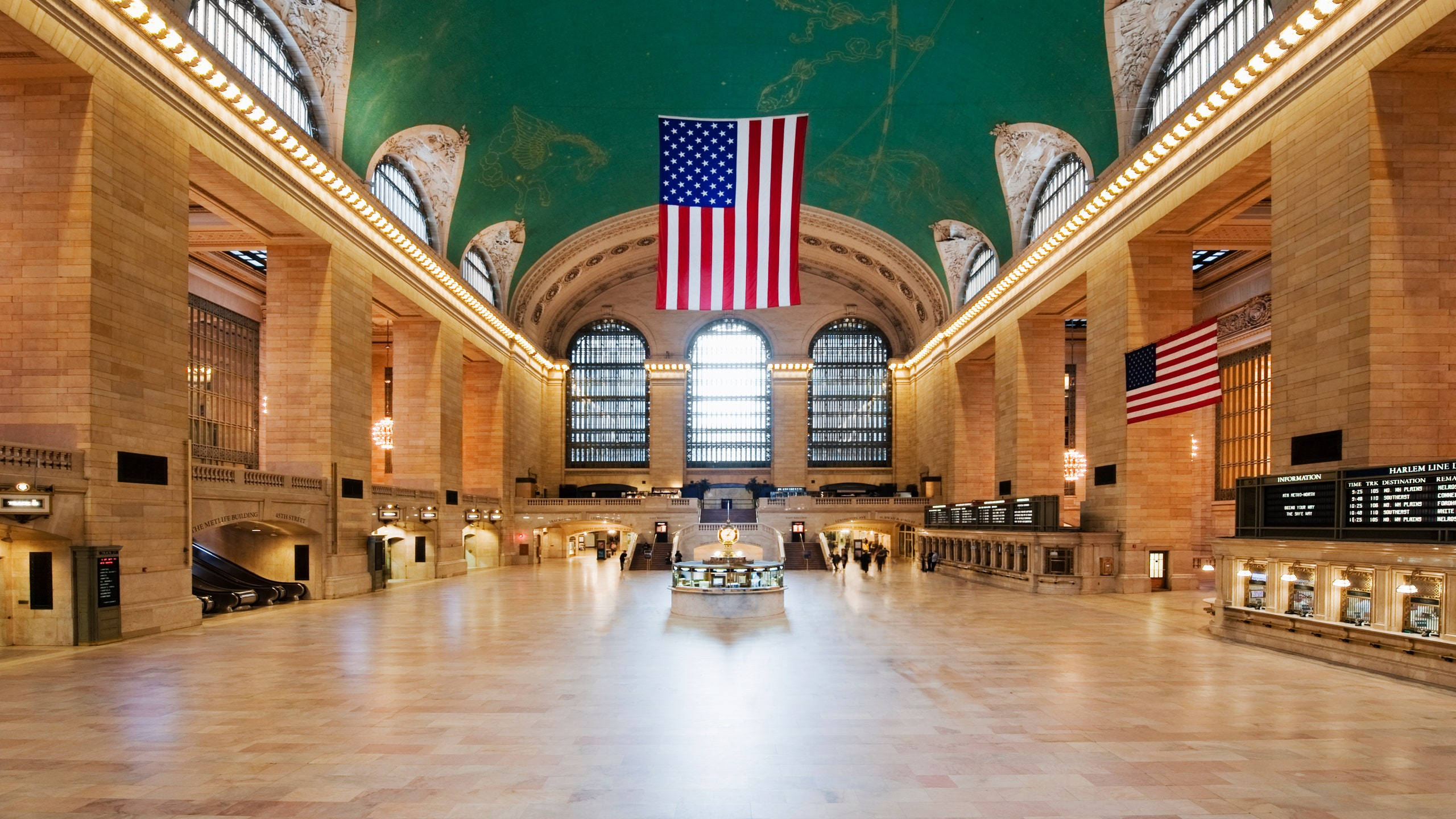 Grand Central Station, American flag, high arched ceilings, 2K Desktop Wallpaper