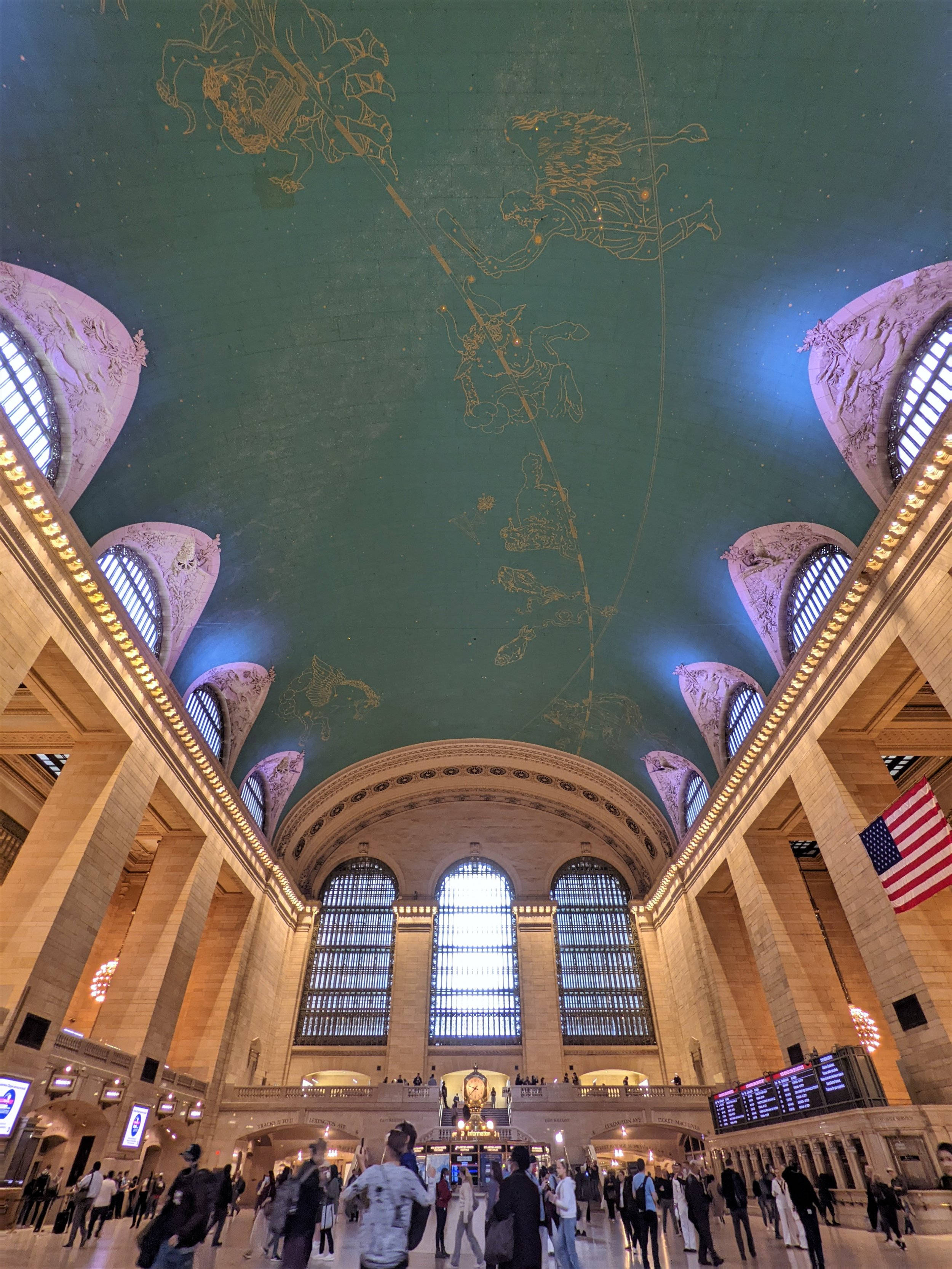 Grand Central Terminal, vaulted ceiling, golden zodiac murals, 2K Phone Wallpaper
