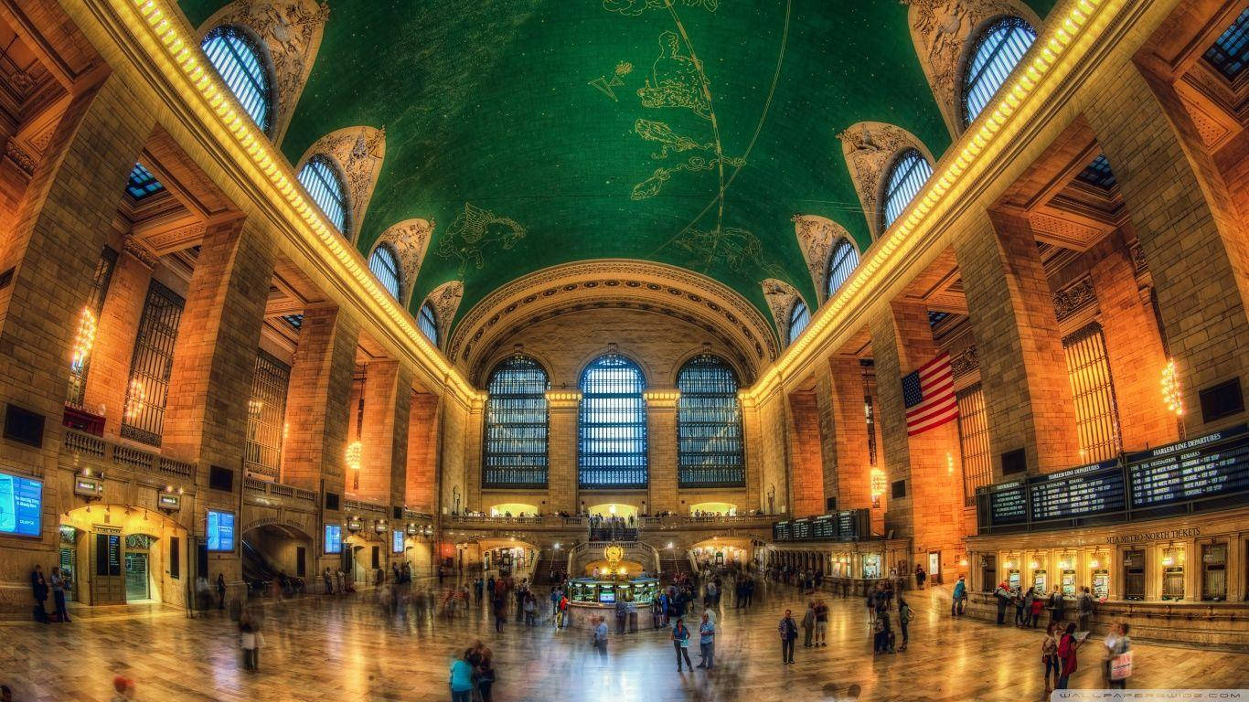 Grand Central Terminal, soaring arched ceiling, green celestial mural, HD Desktop Wallpaper