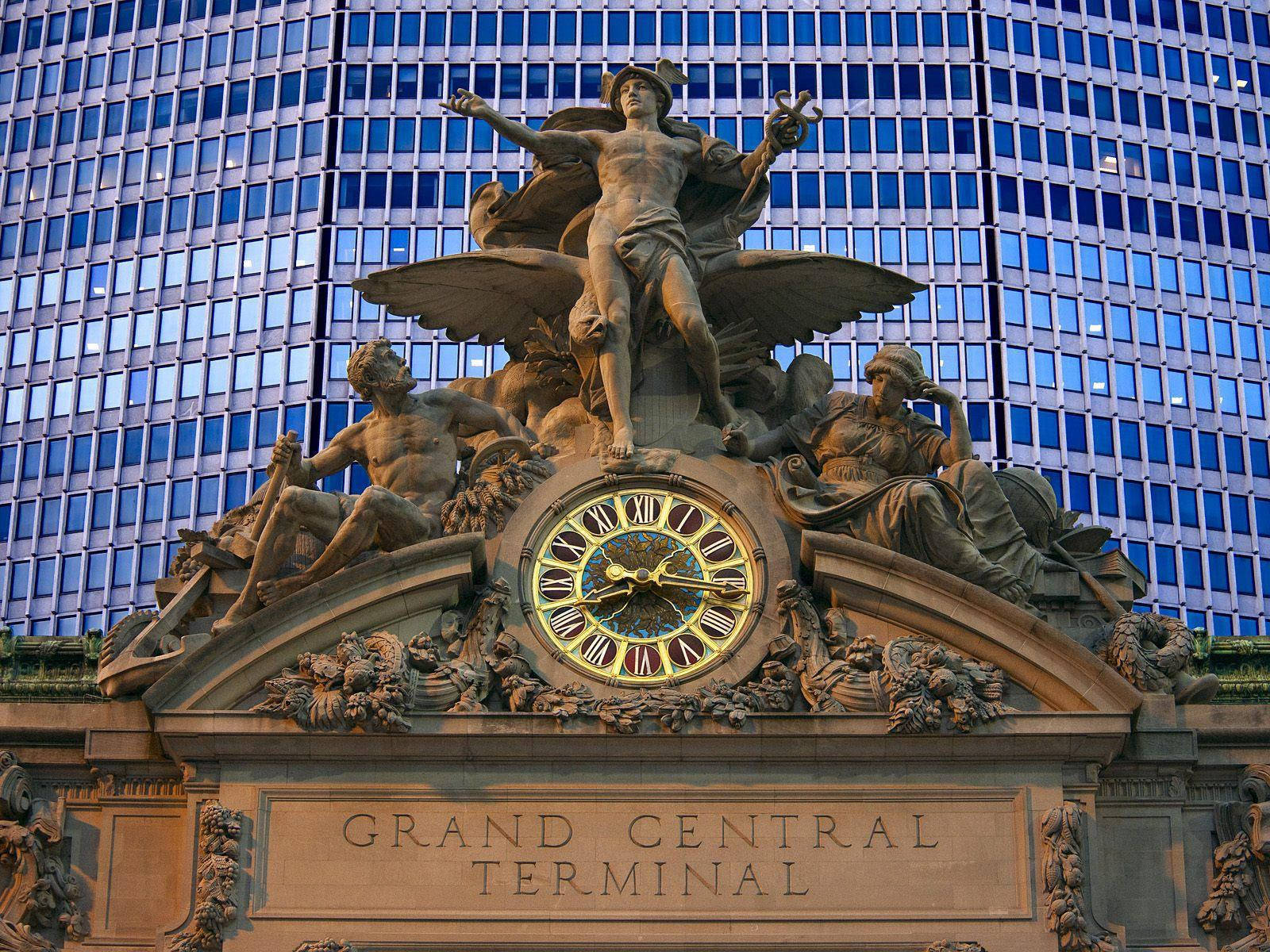 Grand Central Terminal, ornate clock facade, winged angel statues, HD Desktop Wallpaper