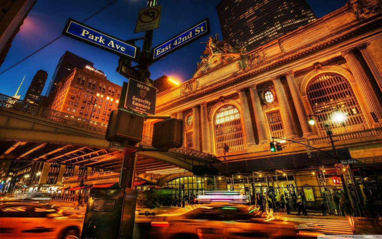Grand Central Terminal, night, streaking car lights, HD Desktop Wallpaper