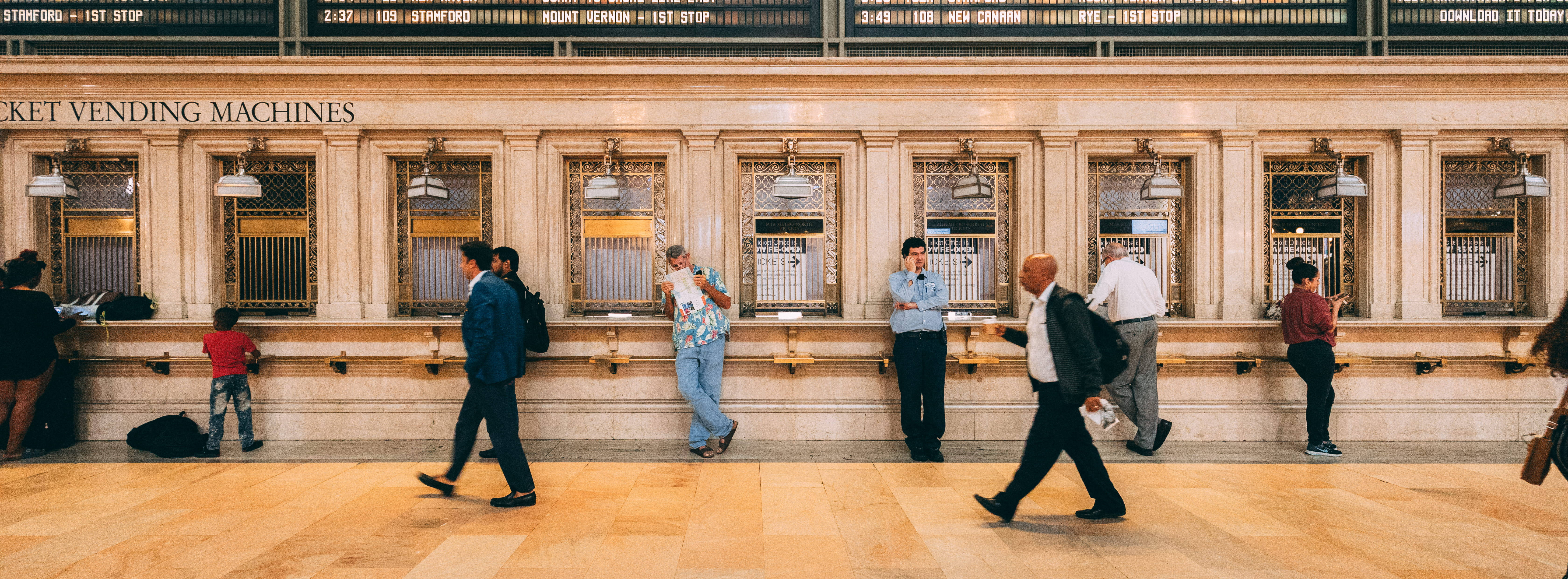 Grand Central Terminal, vintage ticket vending machines, ornate architecture, 5K Desktop Wallpaper