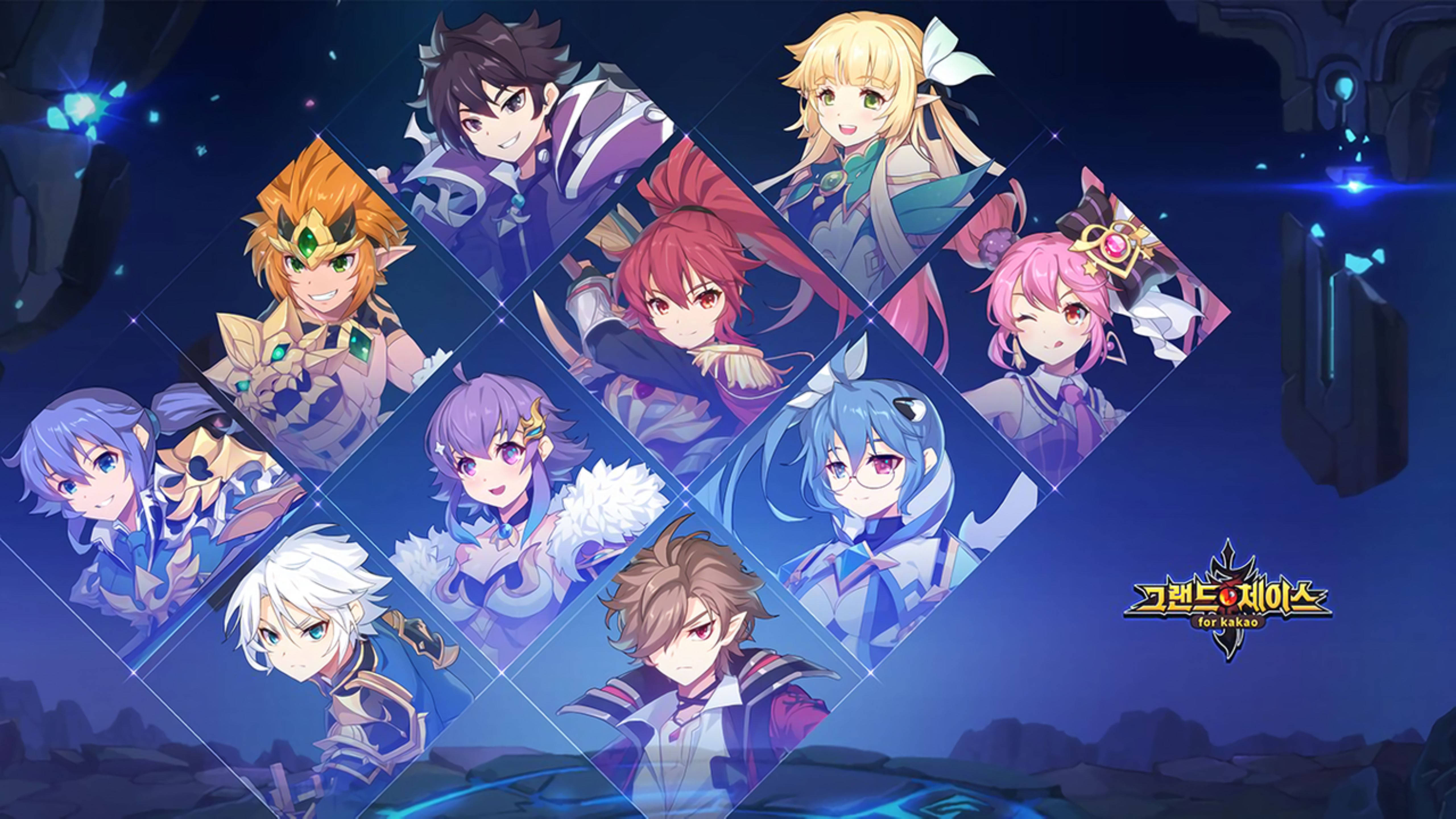 Grand Chase, diamond-shaped panels, glowing blue sci-fi backdrop, 5K Desktop Wallpaper