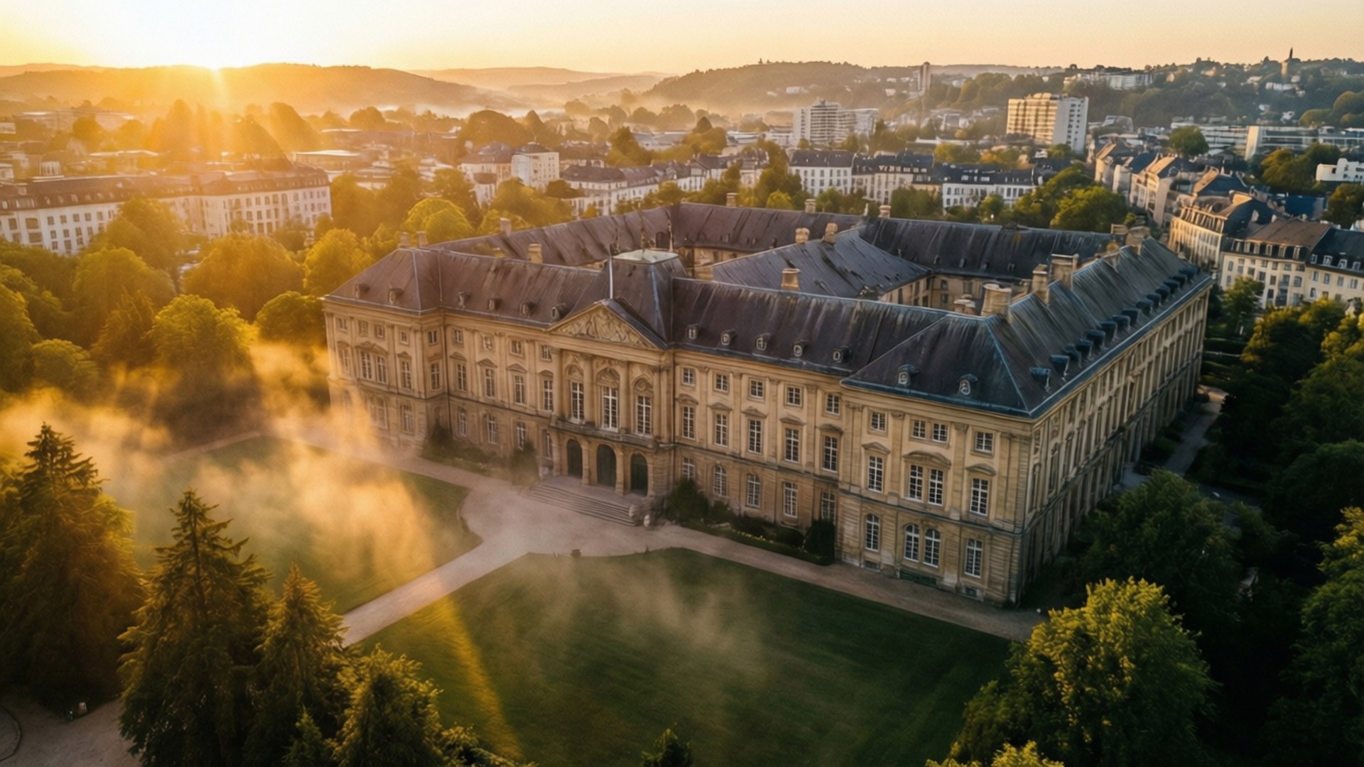 Grand Ducal Palace, golden sunrise, aerial view, Full HD Desktop Wallpaper