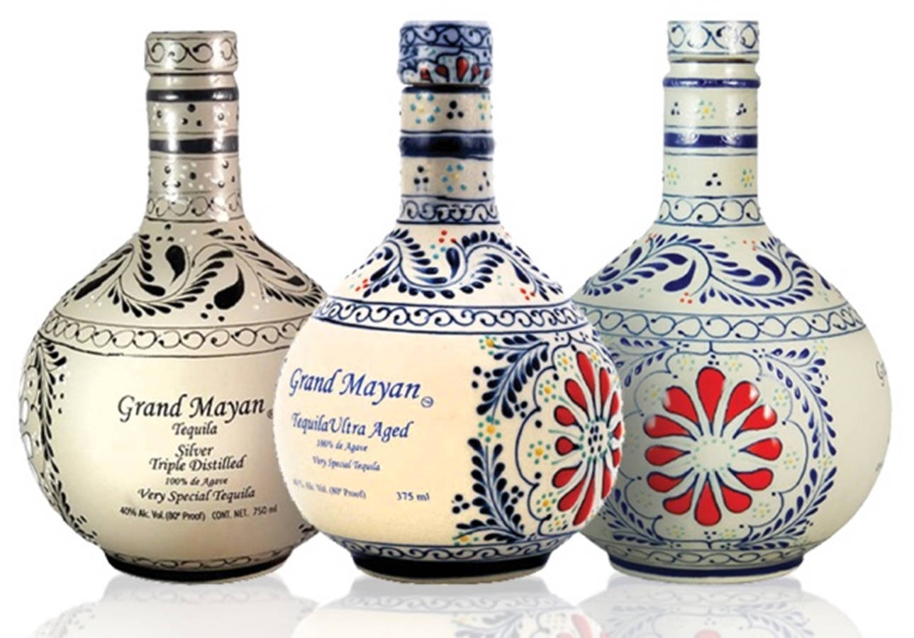 Grand Mayan, silver tequila, blue red and black floral patterns, HD Desktop Wallpaper