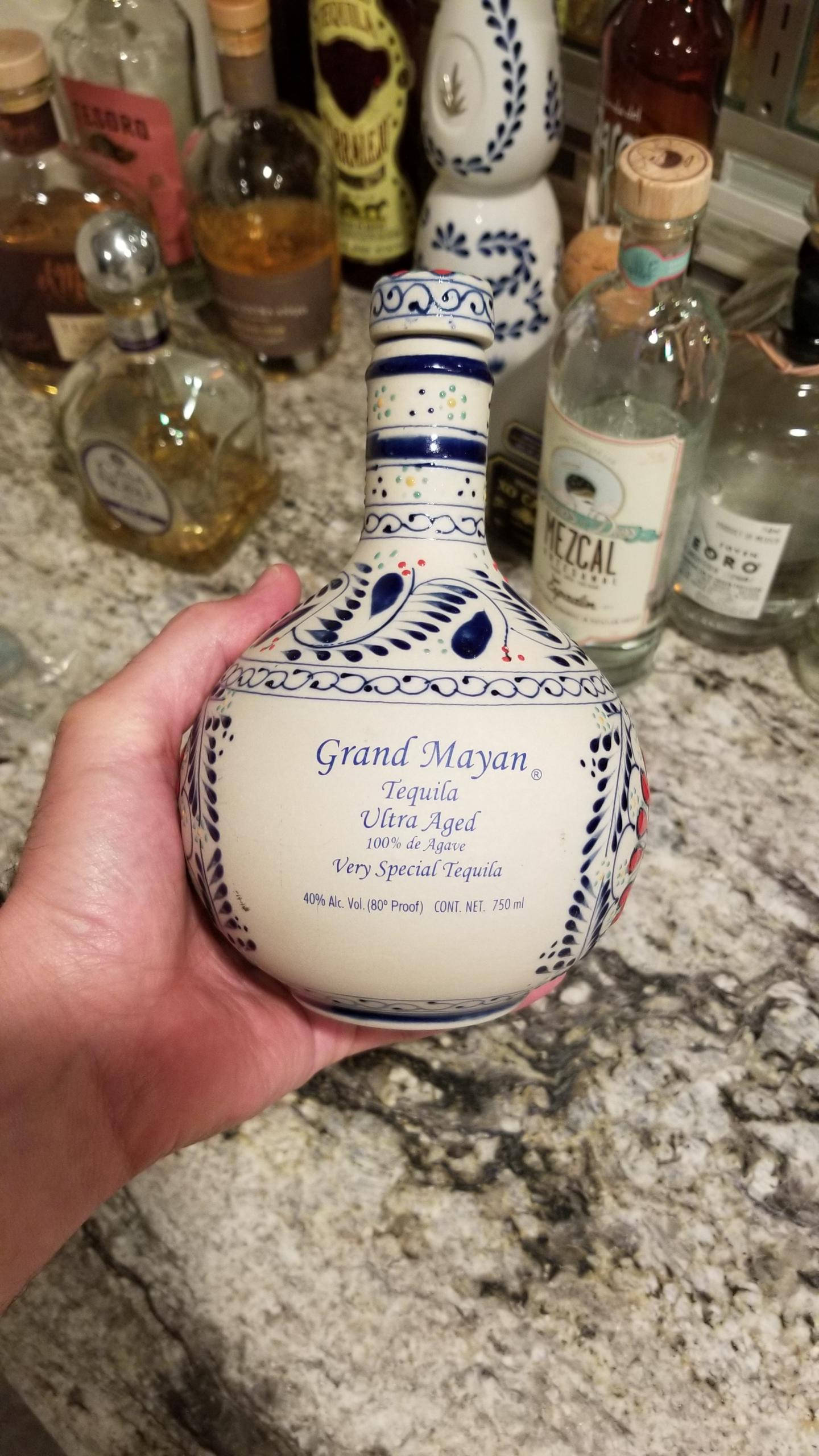 Grand Mayan, ultra aged tequila, blue and white patterned bottle, 2K Phone Wallpaper