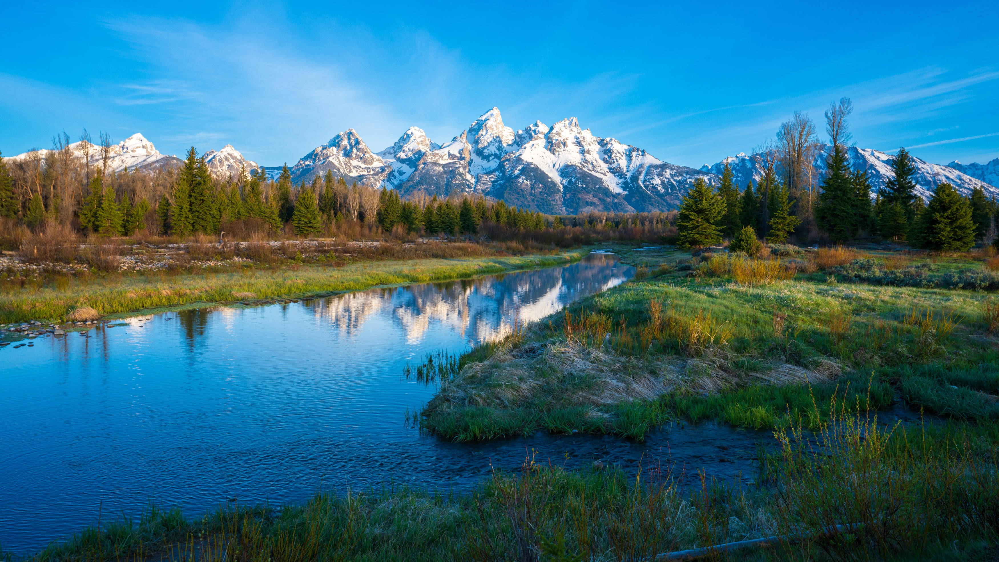 Grand Teton National Park, snowcapped mountains, serene river, 2K Desktop Wallpaper