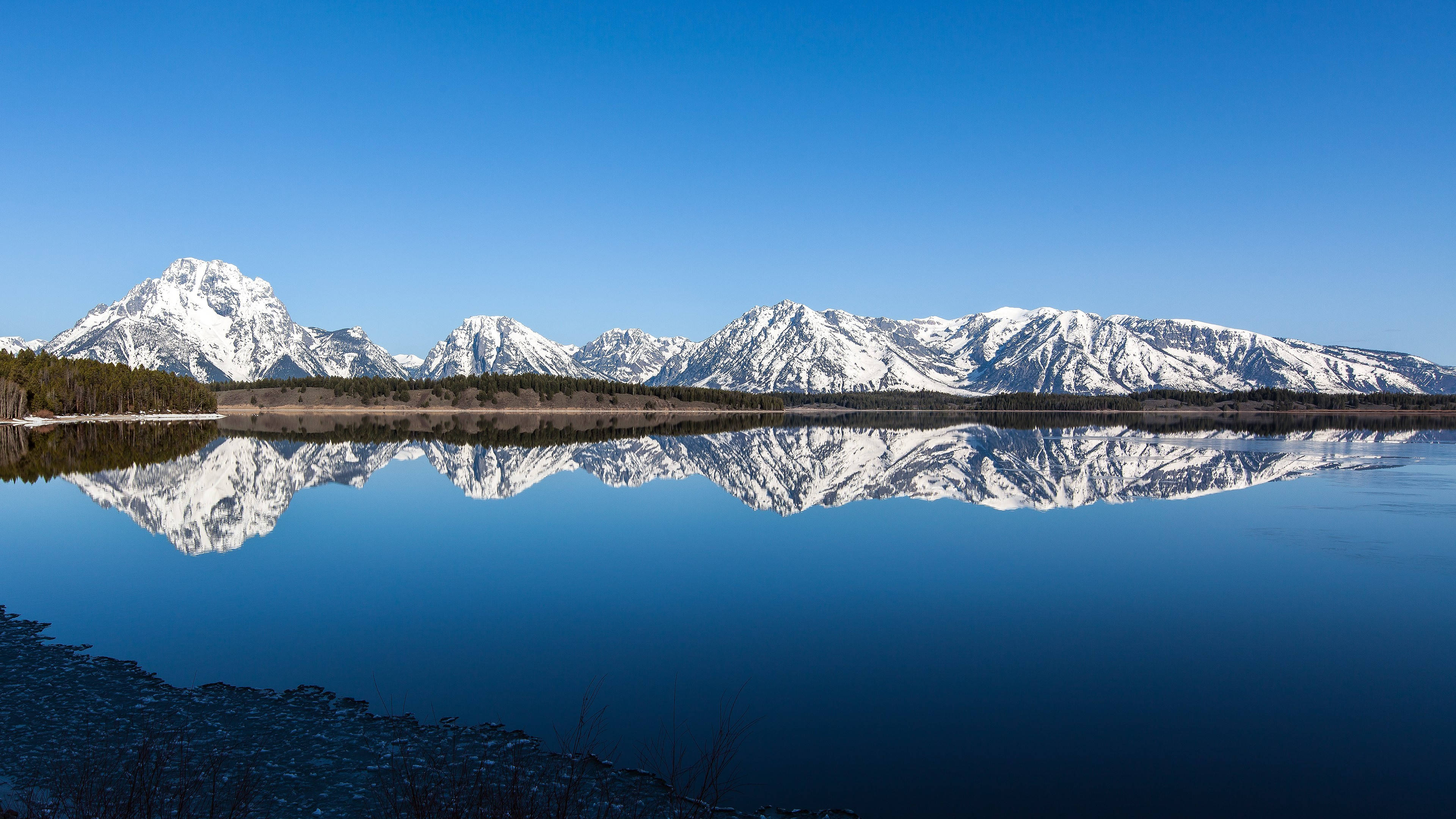 Grand Teton National Park, snow-capped mountains, glassy blue lake, 4K Desktop Wallpaper