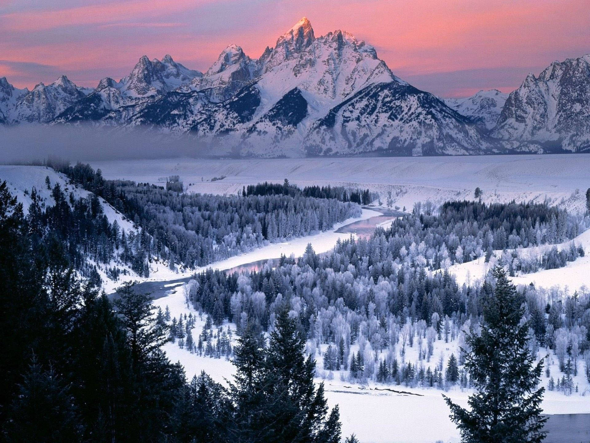 Grand Teton National Park, snowcapped mountains, pink sunrise, Full HD Desktop Wallpaper