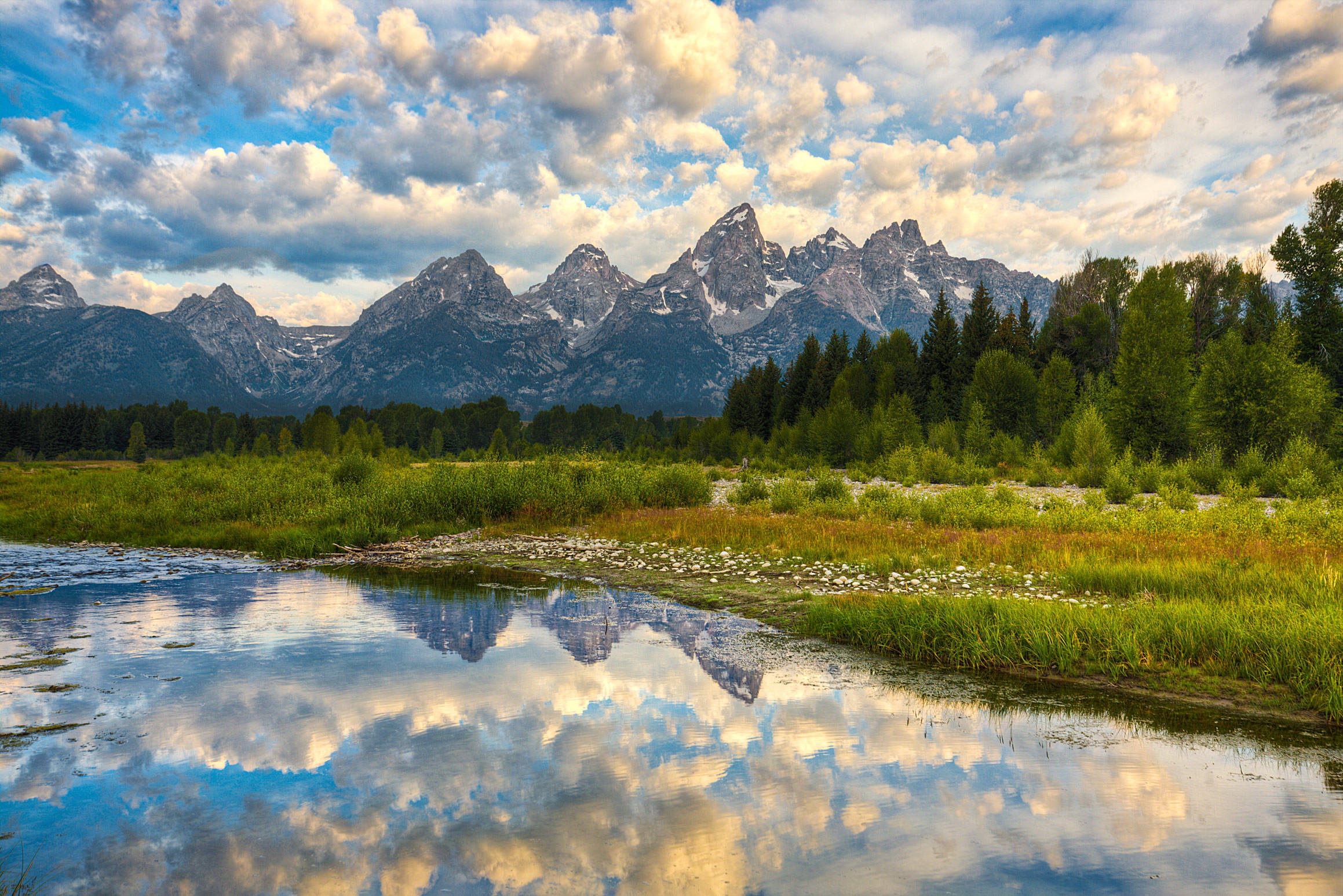 Grand Teton National Park, fluffy clouds, jagged peaks, Full HD Desktop Wallpaper
