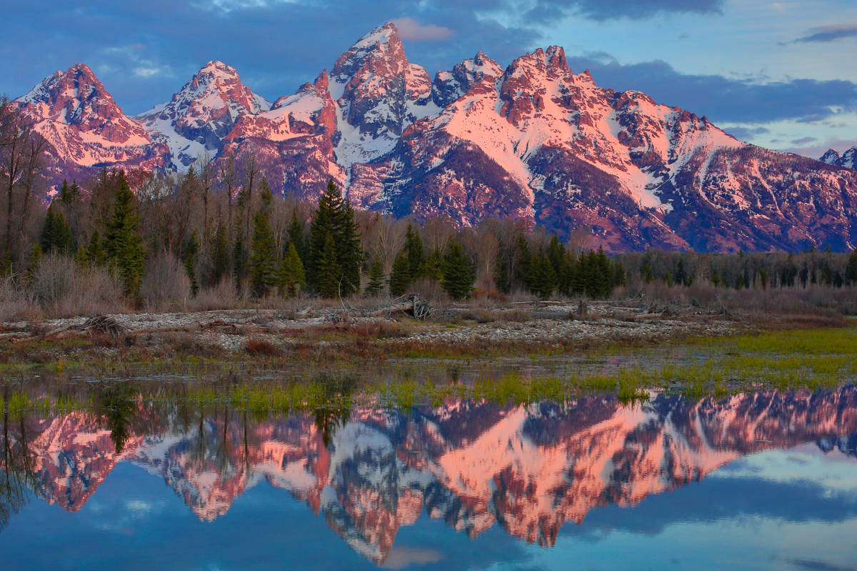 Grand Teton National Park, pink glow, snow-capped mountain peaks, SD Desktop Wallpaper