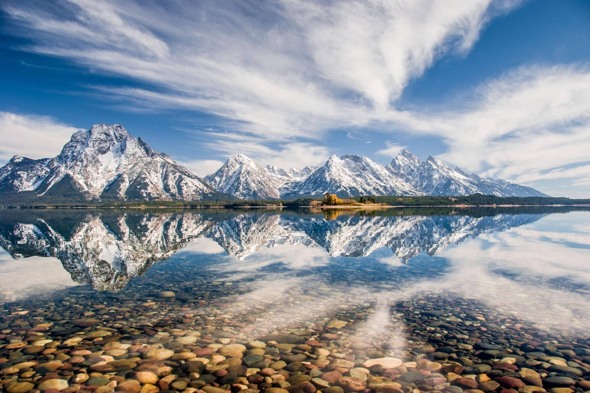 Grand Teton National Park, snowcapped mountain peaks, glassy lake, Full HD Desktop Wallpaper