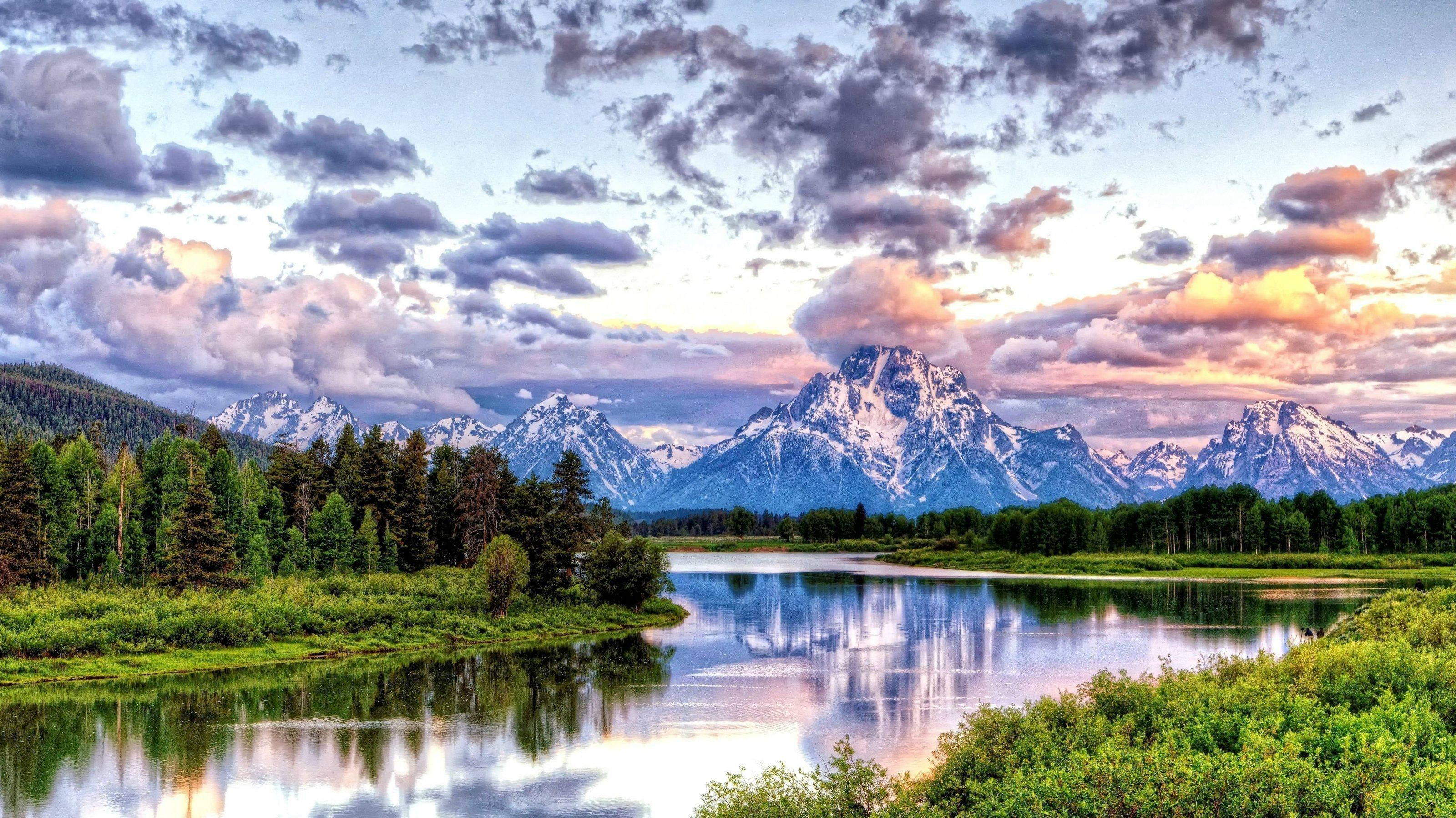 Grand Teton National Park, snowcapped mountains, calm river, 2K Desktop Wallpaper