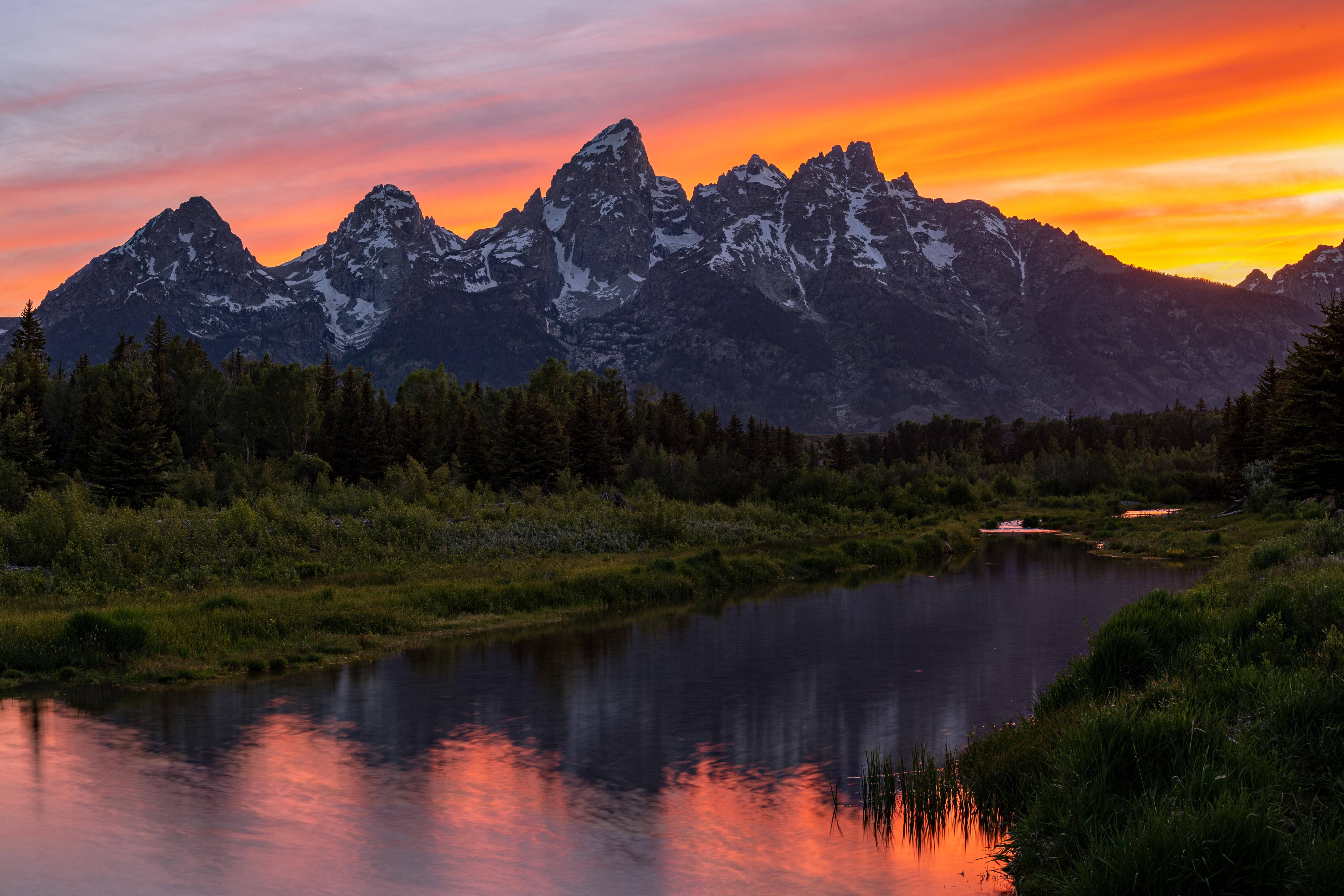Grand Teton National Park, orange sky, fiery orange, 5K Desktop Wallpaper