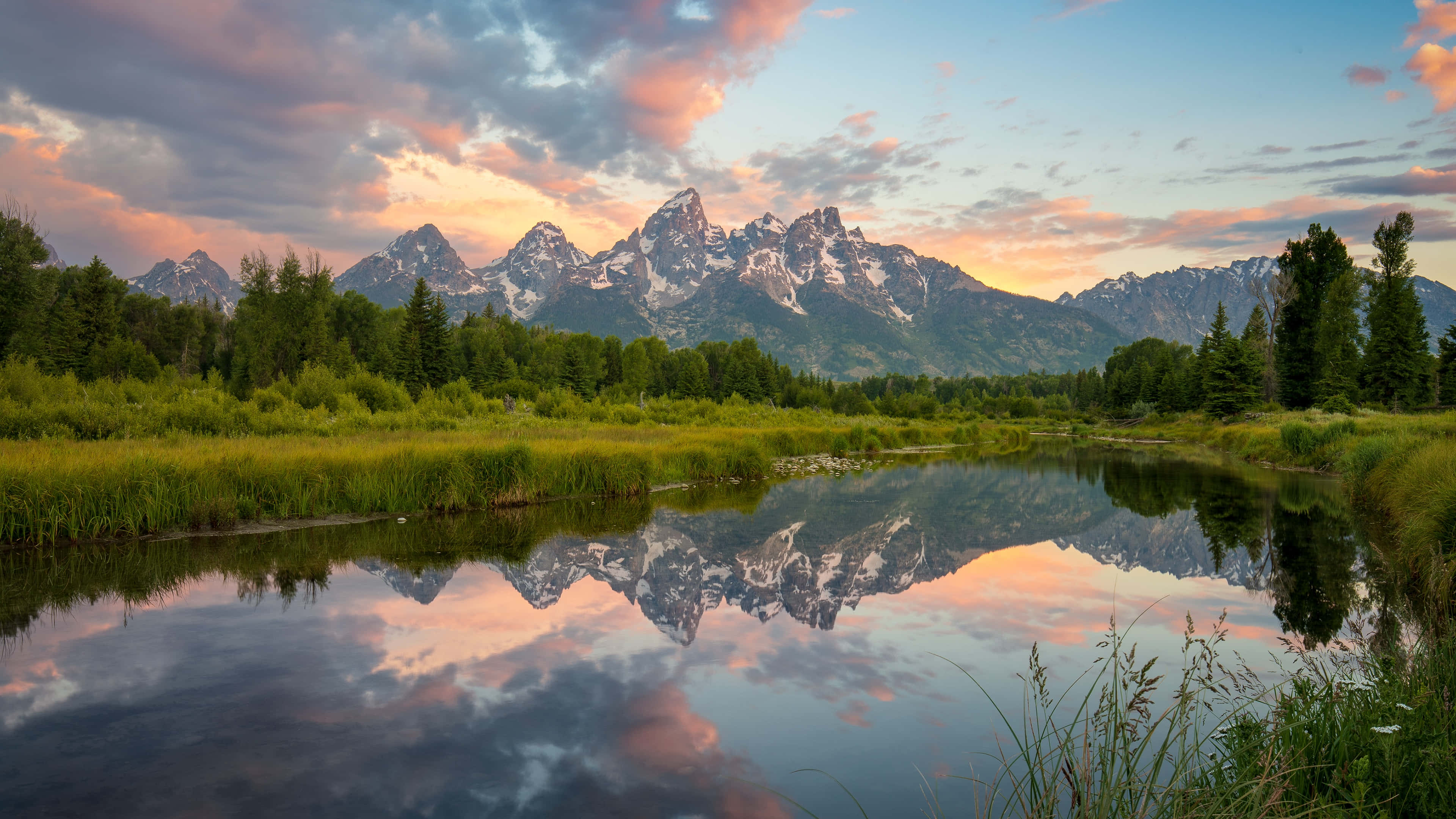 Grand Teton National Park, snowcapped mountains, calm river, 4K Desktop Wallpaper