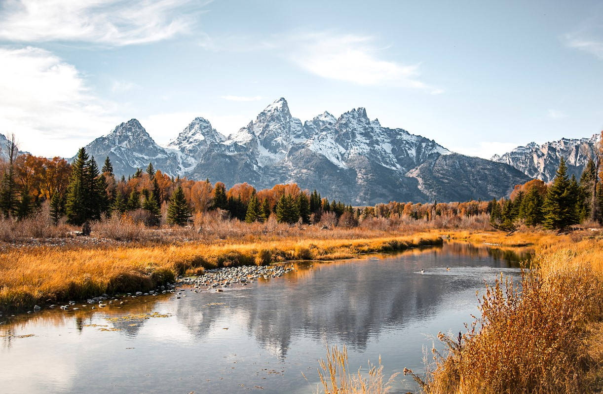 Grand Teton National Park, autumn river, snow-capped mountains, SD Desktop Wallpaper