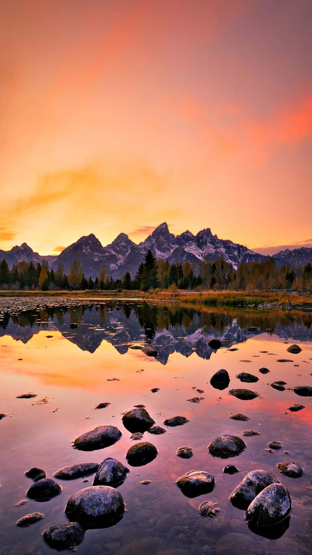 Grand Teton Mountains, sunset, fiery orange, Full HD Phone Wallpaper