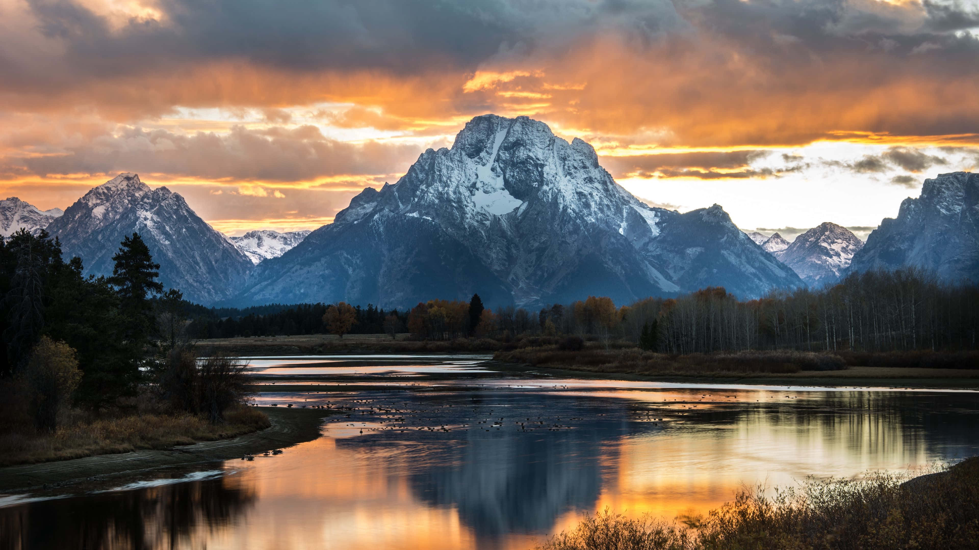 brown and white mountains, calm river, fiery sunset sky, 4K Desktop Wallpaper