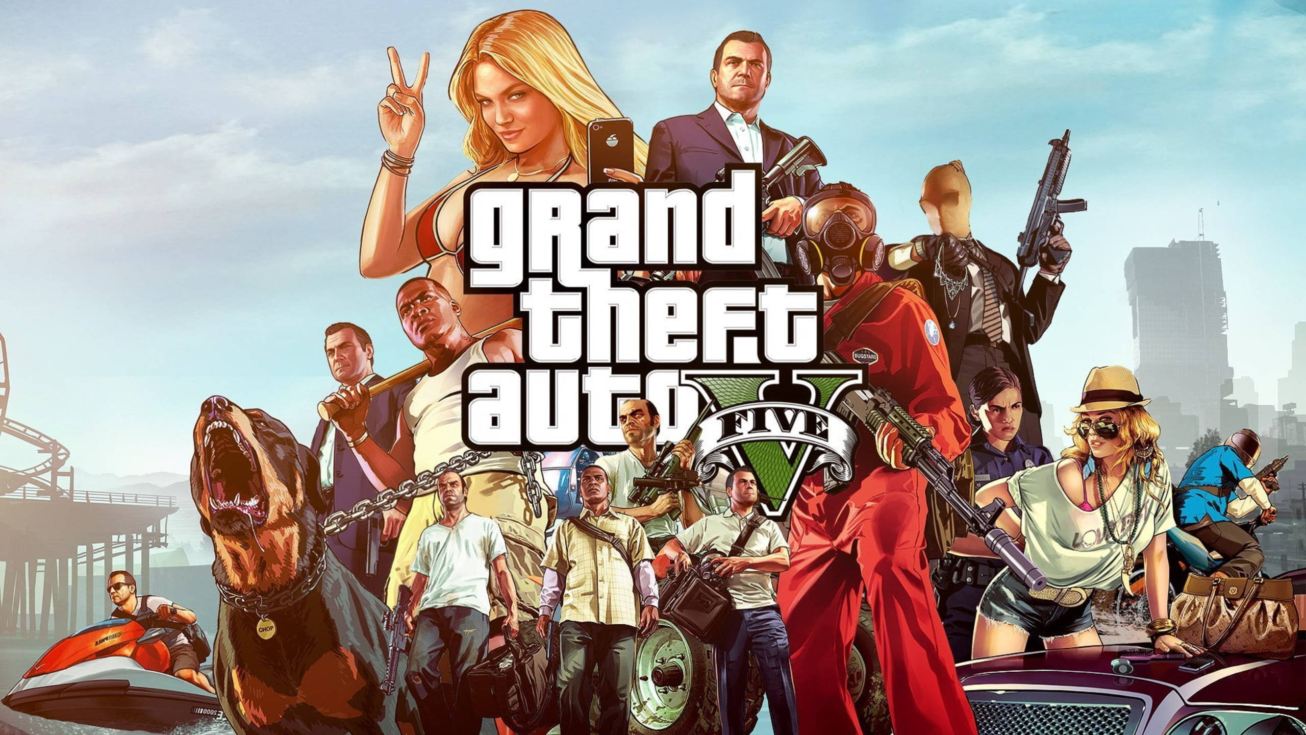 Grand Theft Auto V, main characters, weapons, 2K Desktop Wallpaper