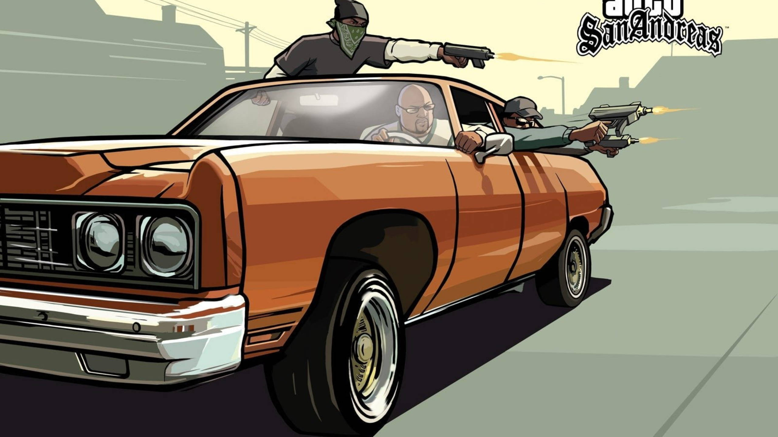 Grand Theft Auto, gunmen, orange muscle car, 2K Desktop Wallpaper