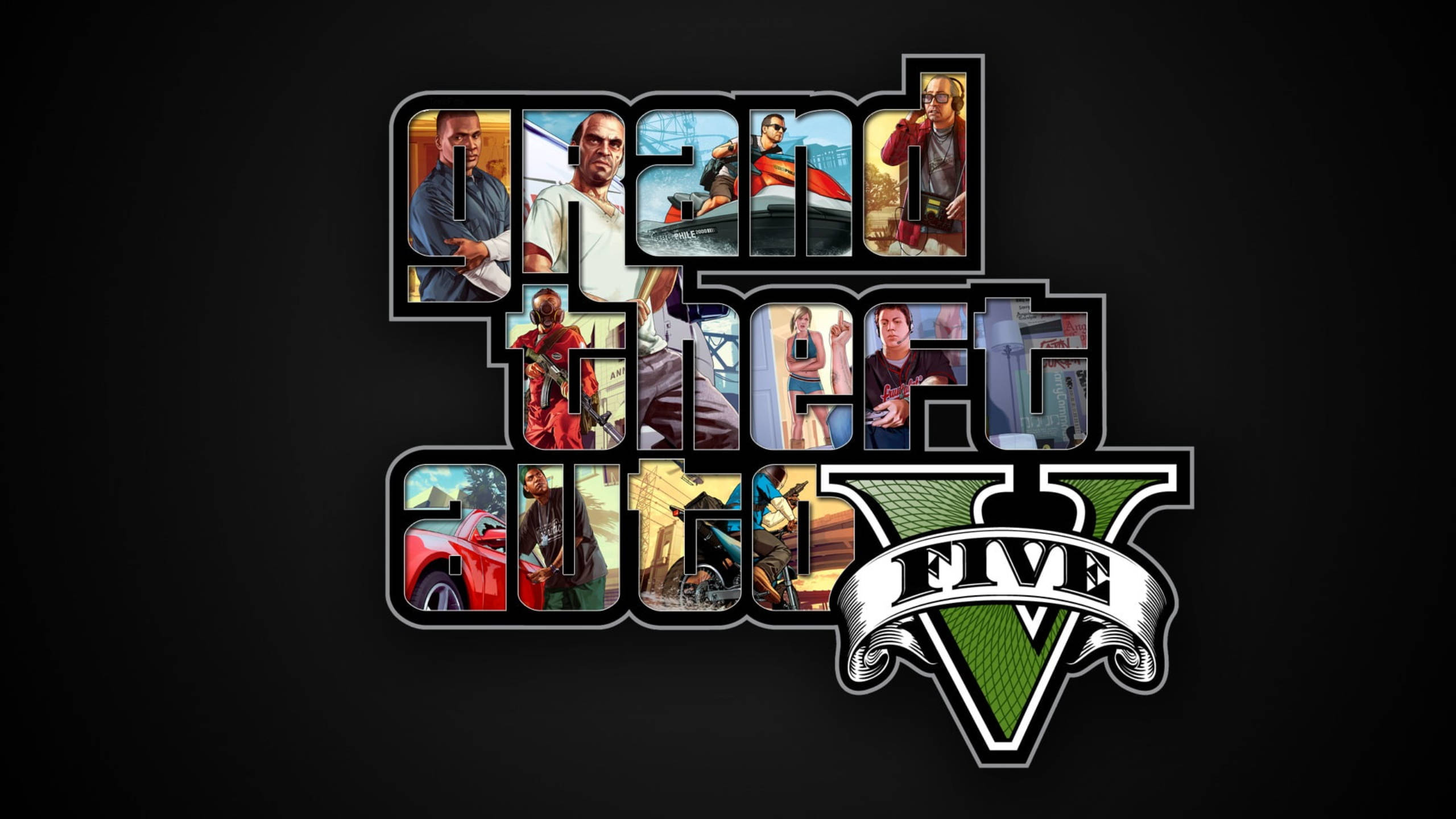 Grand Theft Auto V, logo, character portraits, 2K Desktop Wallpaper