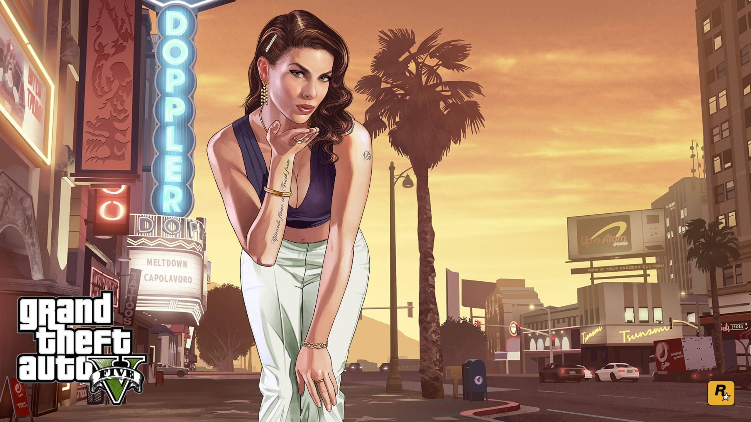 Grand Theft Auto V, city street, sunset, 2K Desktop Wallpaper