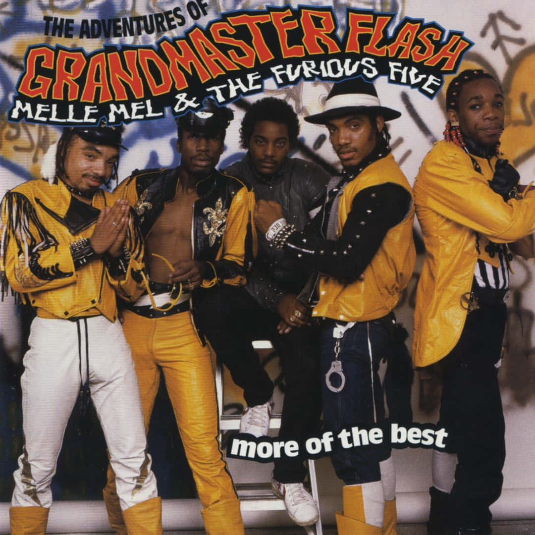 Grandmaster Flash And The Furious Five, yellow leather outfits, graffiti-covered wall, SD Desktop Wallpaper