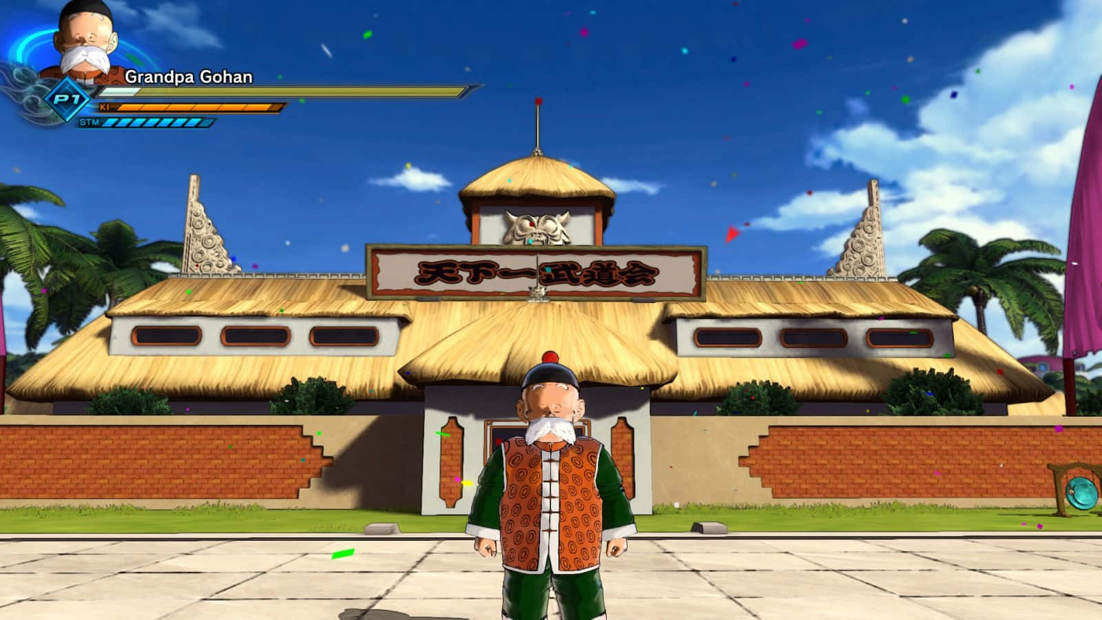 Grandpa Gohan, thatched-roof tournament hall, bright blue sky, HD Desktop Wallpaper