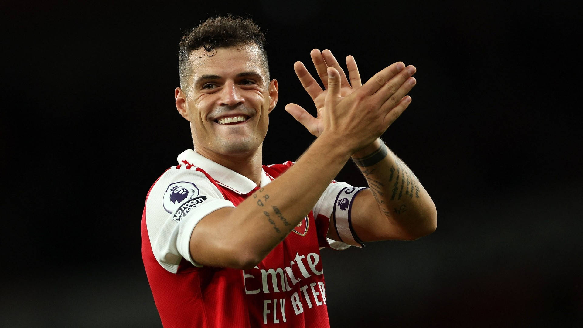 Granit Xhaka, red Arsenal jersey, dark background, Full HD Desktop Wallpaper