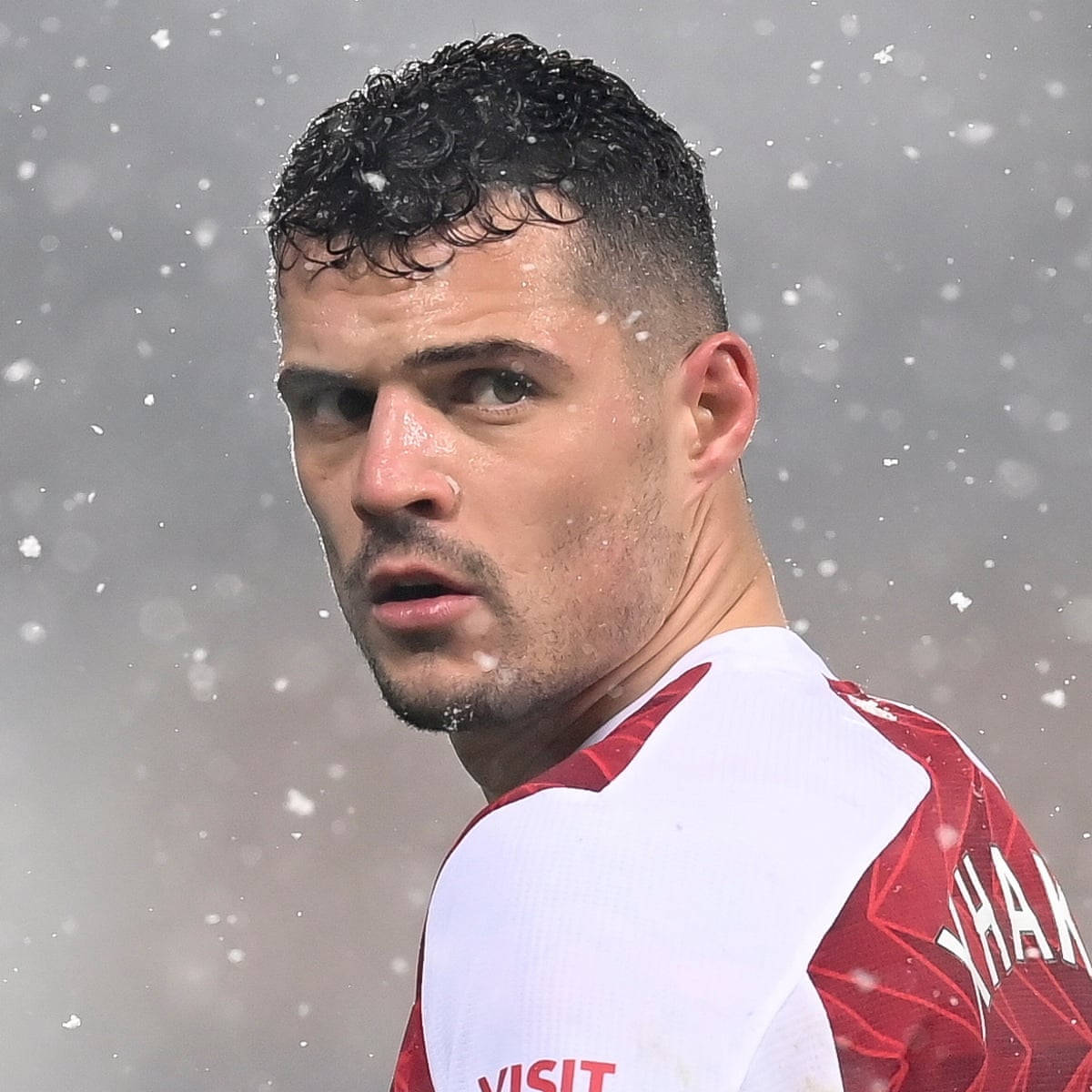 Granit Xhaka, red and white jersey, snow, SD Desktop Wallpaper