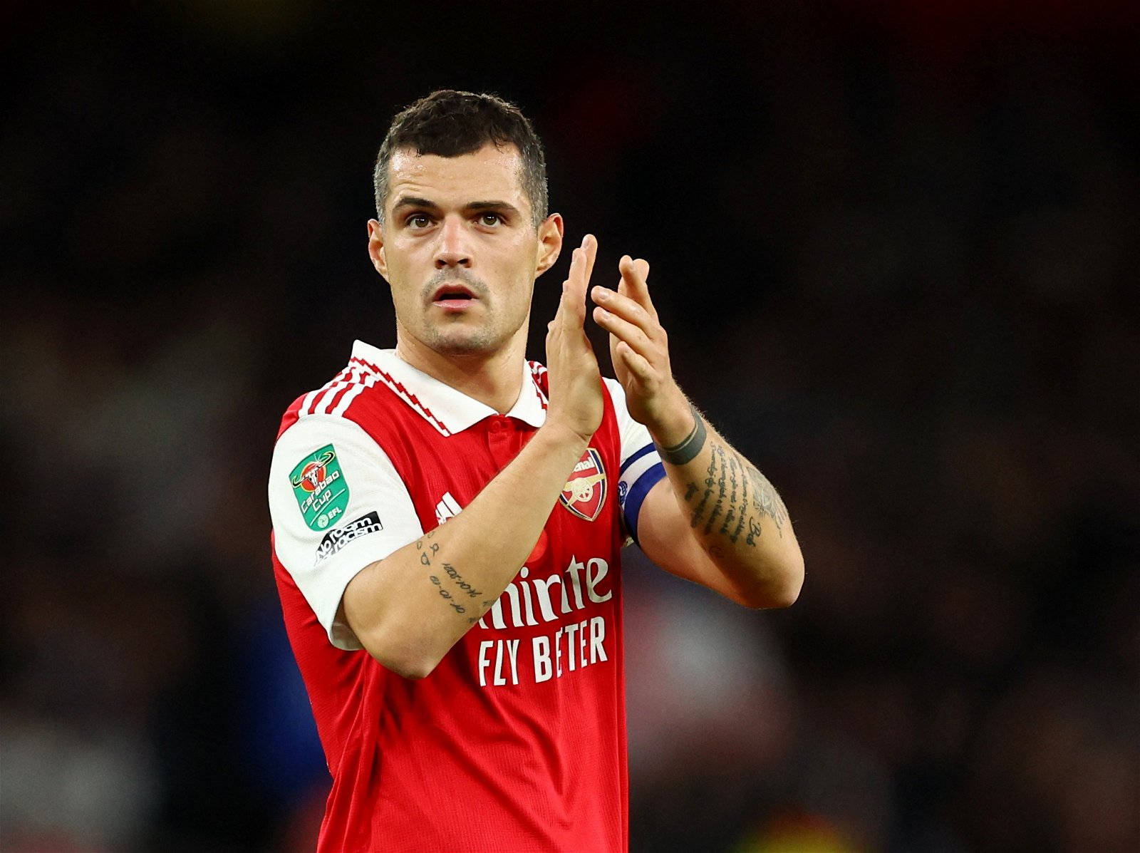 Granit Xhaka, red Arsenal jersey, tattoos on arms, HD Desktop Wallpaper
