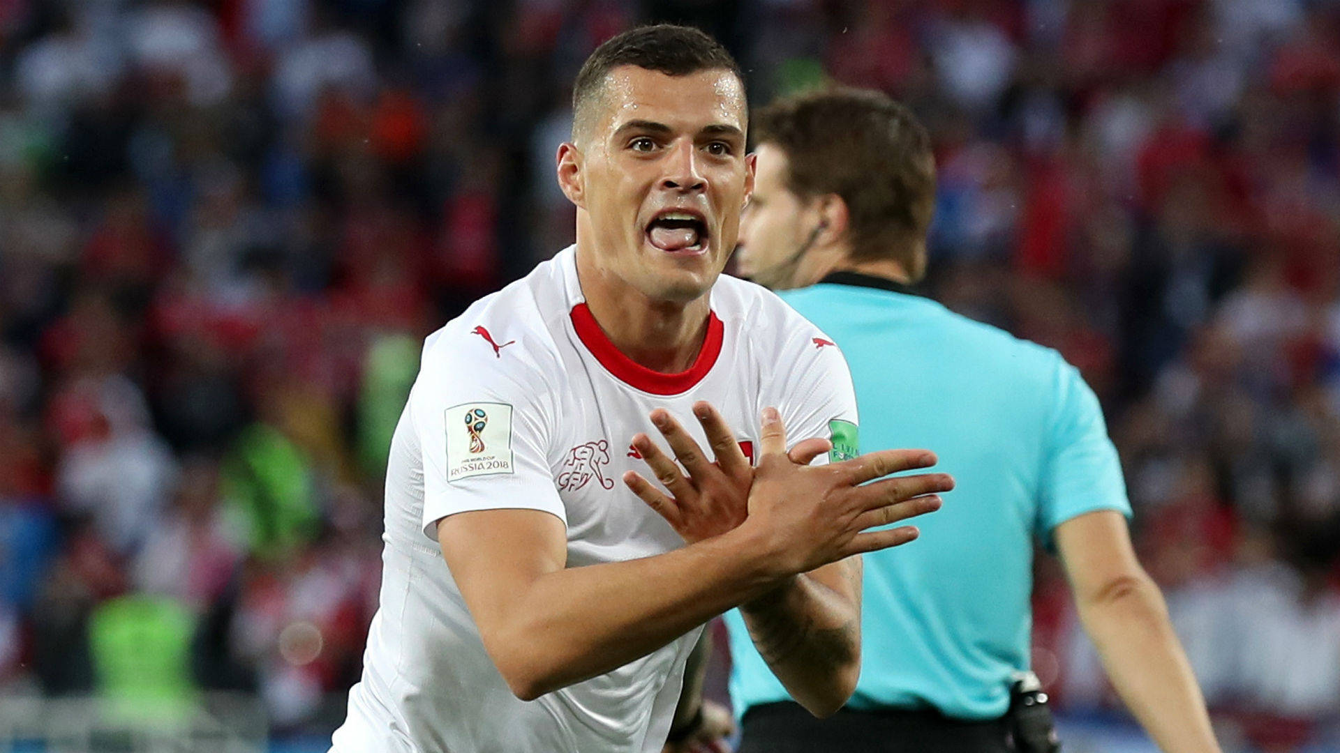 Granit Xhaka, white jersey, hands clasped, Full HD Desktop Wallpaper