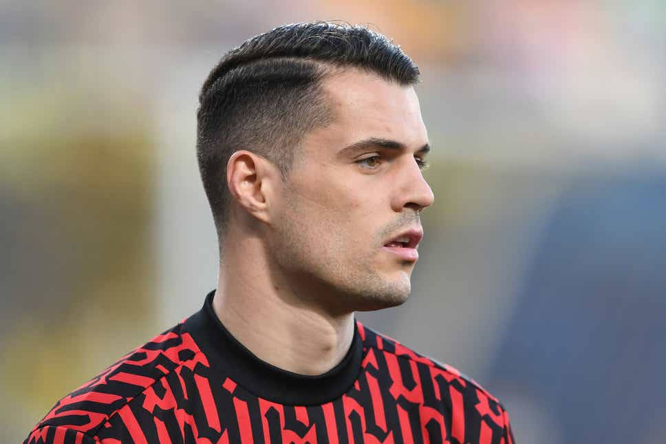 Granit Xhaka, red and black patterned jersey, close-up portrait, SD Desktop Wallpaper