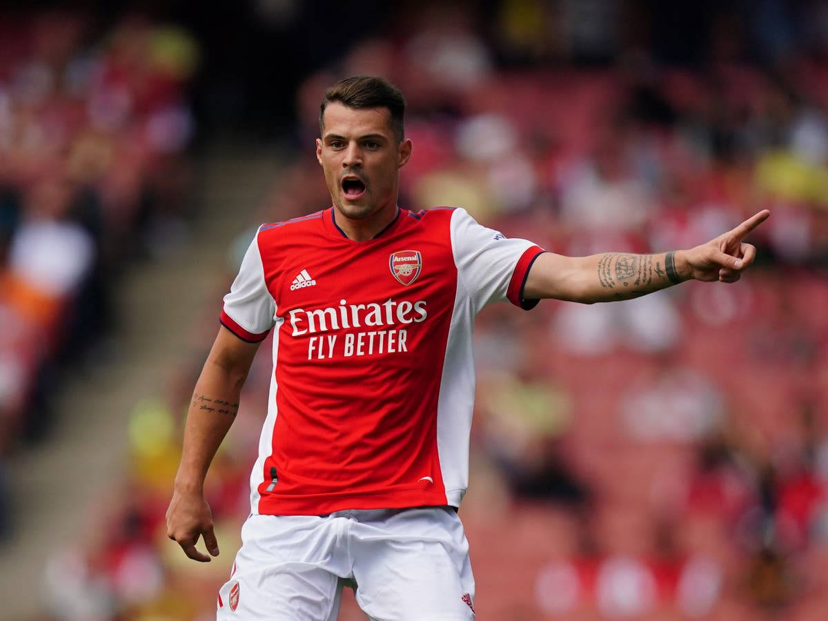 Granit Xhaka, red and white kit, football player, SD Desktop Wallpaper
